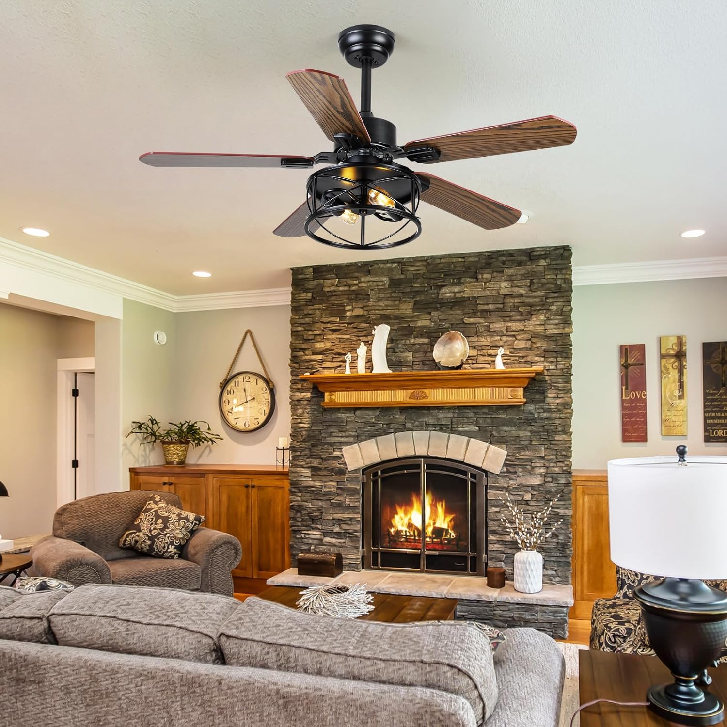 Hounberi 42 Inch Caged Ceiling Fans with Lights Remote Control, Downrod Ceiling Fans with Black Metal Lampshade, 6-Speed Reversible DC Motor, 5 Dual-Finish Blades for Bedroom Living Room, Wood Color