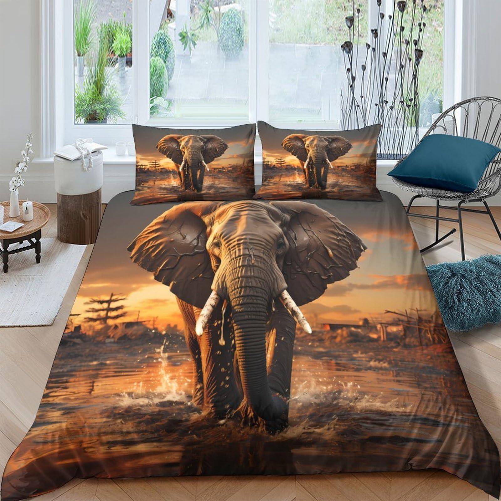 Ctjqhvkz Style-8 3D Printed Sunset Elephant Fitted Sheet Microfiber Anti-Slip African Wildlife Bed Cover Bedroom Decor Machine Washable Single（135X200cm）