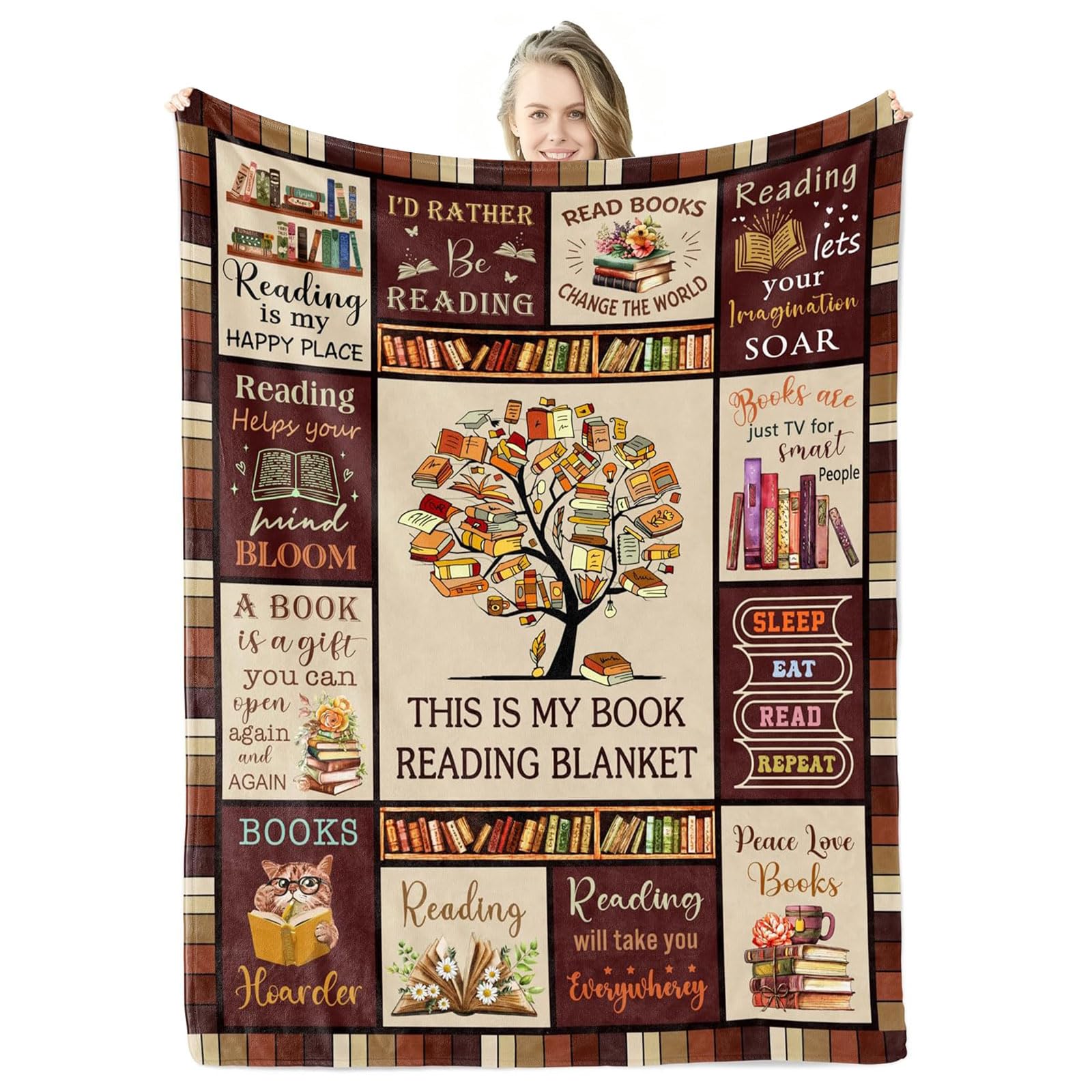 Book Lovers Blanket, 50" x 60" Reading Flannel Throw, Reading gifts, Birthday Present Ideas, Literary Gifts for Book Lovers, Readers, Bookworm, Librarian, Men, Women, Friends (Brown)