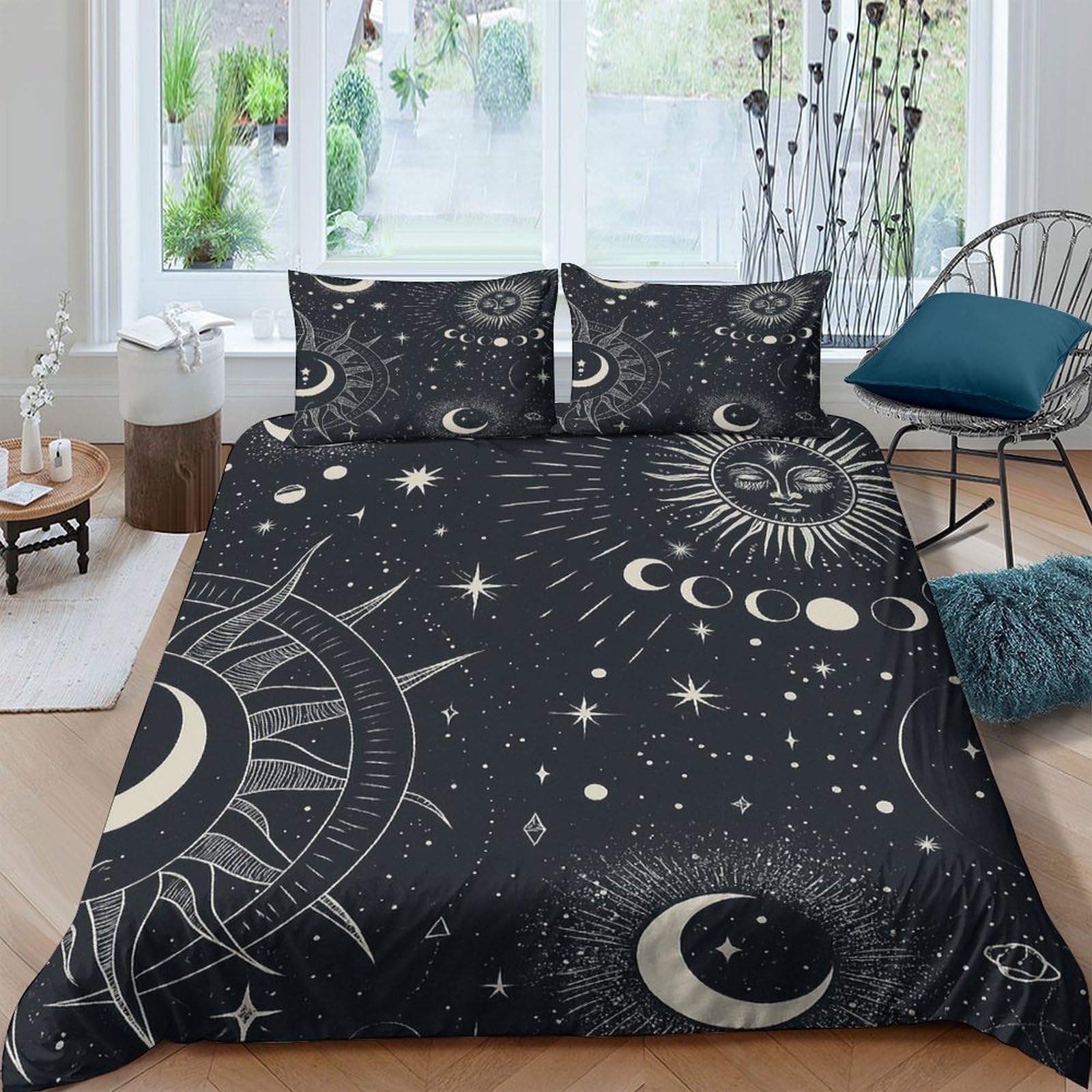 GPLZQXKJNH 3D Printed Galaxy Starry Sky Duvet Cover Microfiber Soft Black Moon Bedding Set with 2 Pillowcases for Bedroom Decor Single（135x200cm）