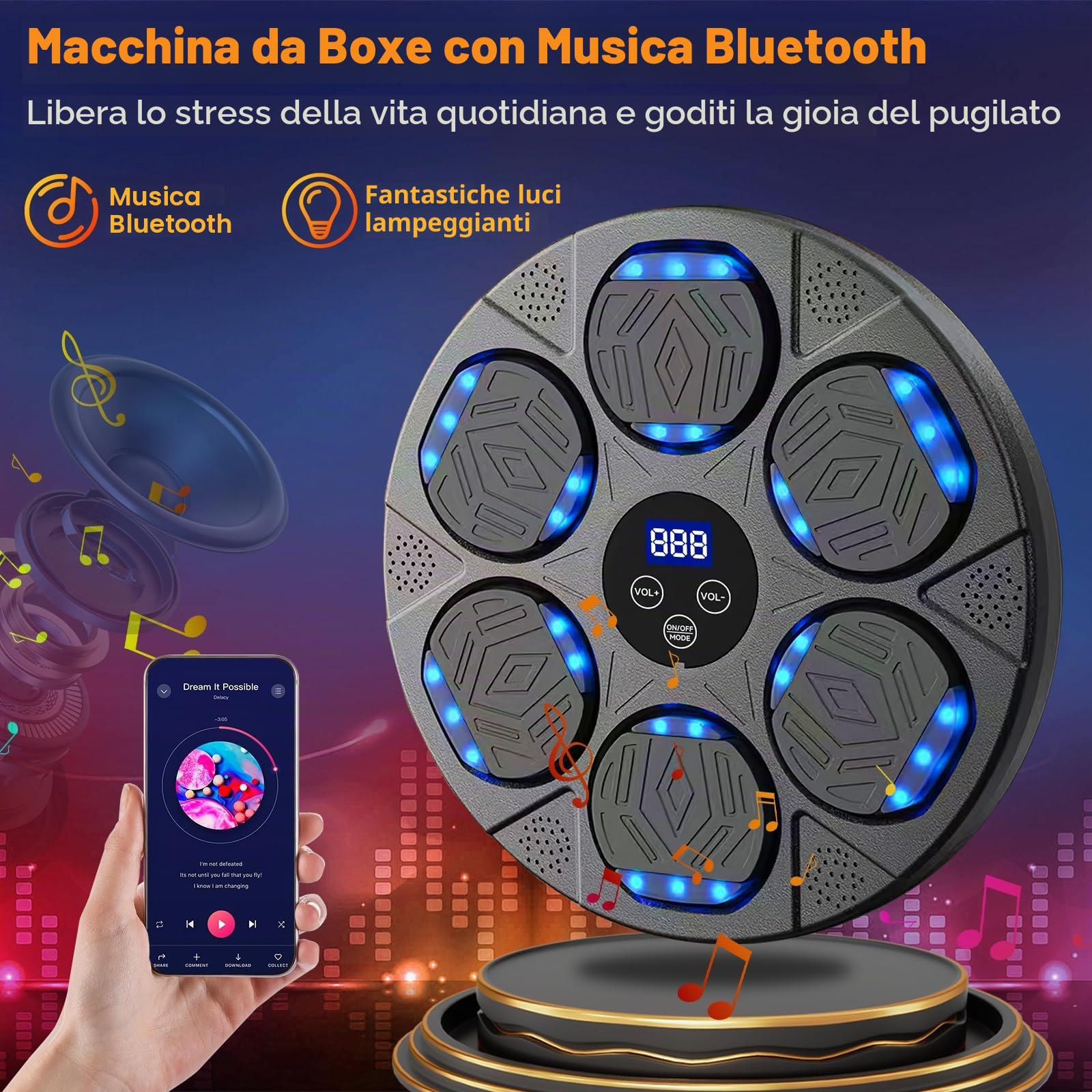 Music Boxing Machine Adulti,9 modalità di velocità LED Macchina da Box Musicale Pugile con Musica,Machine Montata a Parete con Guanti da Boxe,Bluetooth Boxe Allenamento per Bambini Adulti Casa