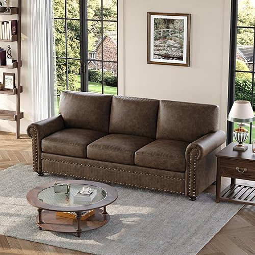 Miniatura 8 de ONBRILL Sofá de piel sintética, sofá con ribete de cabeza de clavo de 84 pulgadas para sala de estar, sofá moderno de mediados de siglo con brazos