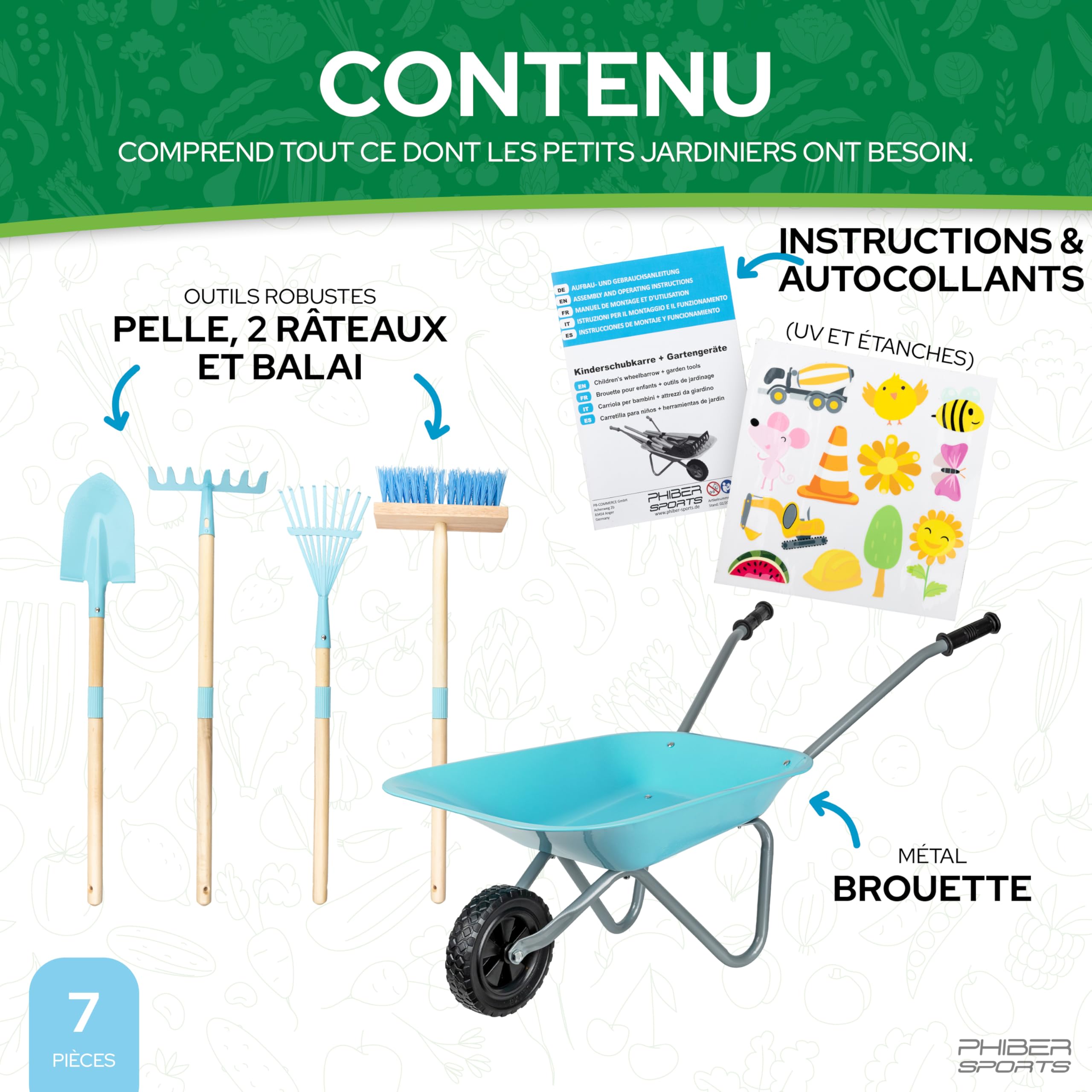 PHIBER-SPORTS Brouette pour enfants + outils de jardin en métal - Brouette avec pelle, balais, râteau à feuilles et autocollants pour enfants