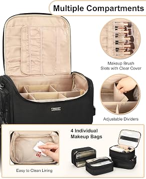 Relavel Rolling Makeup Train Case, Cosmetology Case on Wheels with 4 Clear Bags, Professional Makeup Artist Set Bags Cosmetic Storage Organizer with Adjustable Dividers, 360 Spinner Wheels, Black