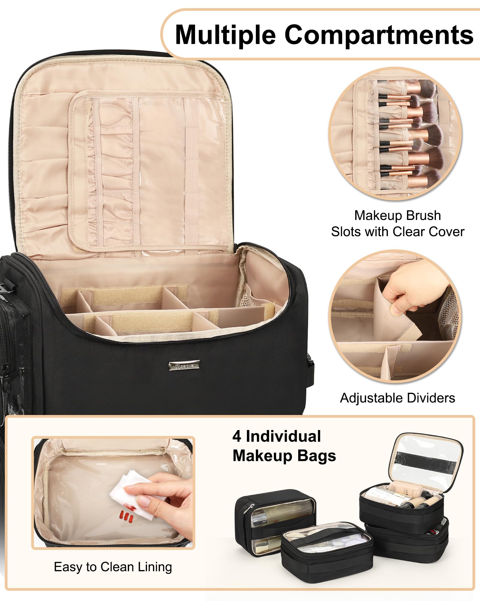 Relavel Rollender Make-up Koffer, Kosmetikkoffer mit Rädern + 4 transparenten Taschen, Profi Set für Make-up-Künstler – Kosmetik-Organisierer mit verstellbaren Trennwänden, 360°-Drehrollen, Schwarz