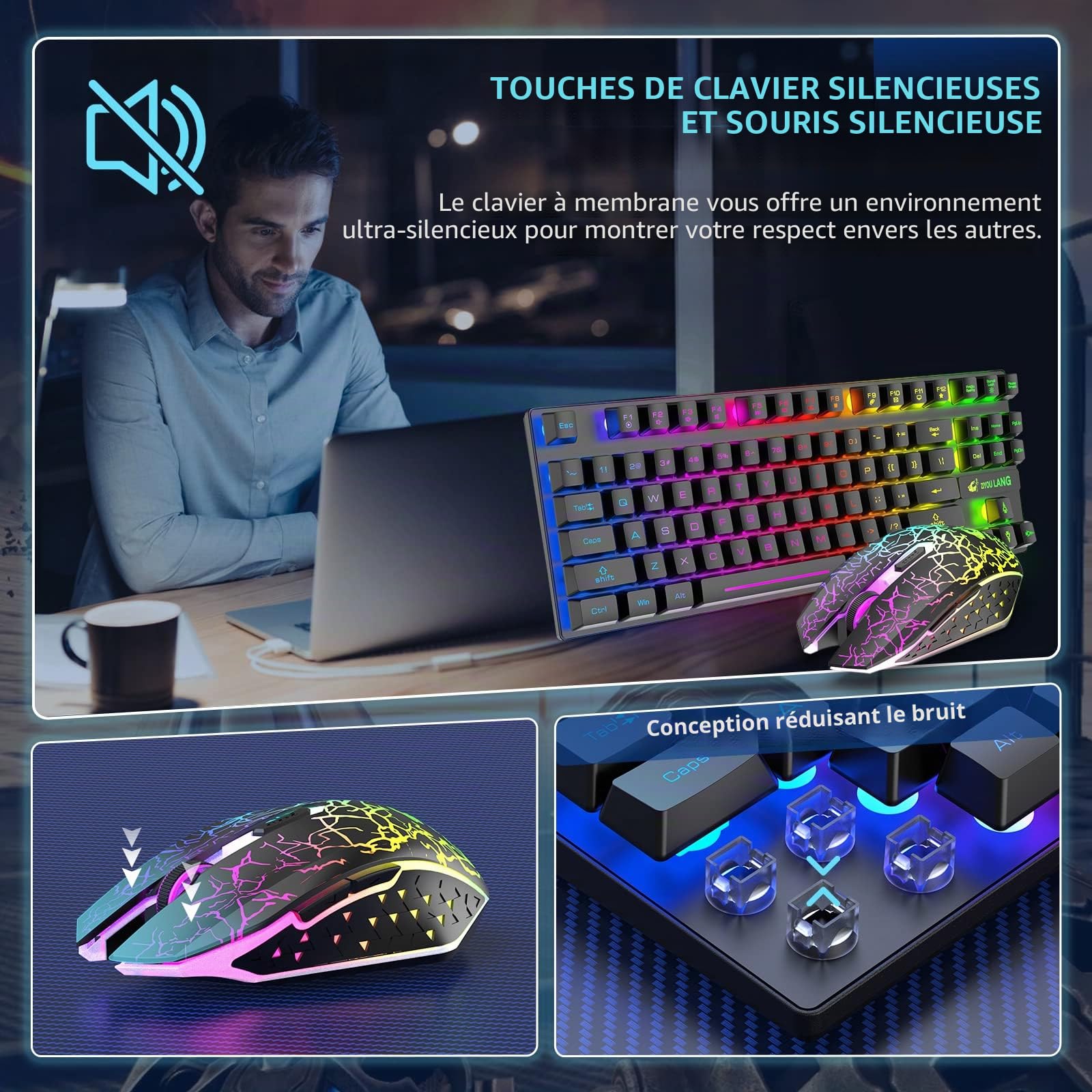 T87 Clavier sans fil 87 touches + souris optique LED arc-en-ciel 2400 DPI 6 boutons – Clavier mécanique rétroéclairé arc-en-ciel avec tapis de souris de jeu gratuit (noir)