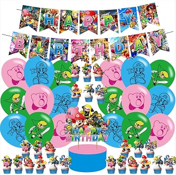 Super Smash Bros Birthday Party Decoration,Super Bros Theme Birthday Banner, Cake Topper, Latex Balloons for Game Party Supplies