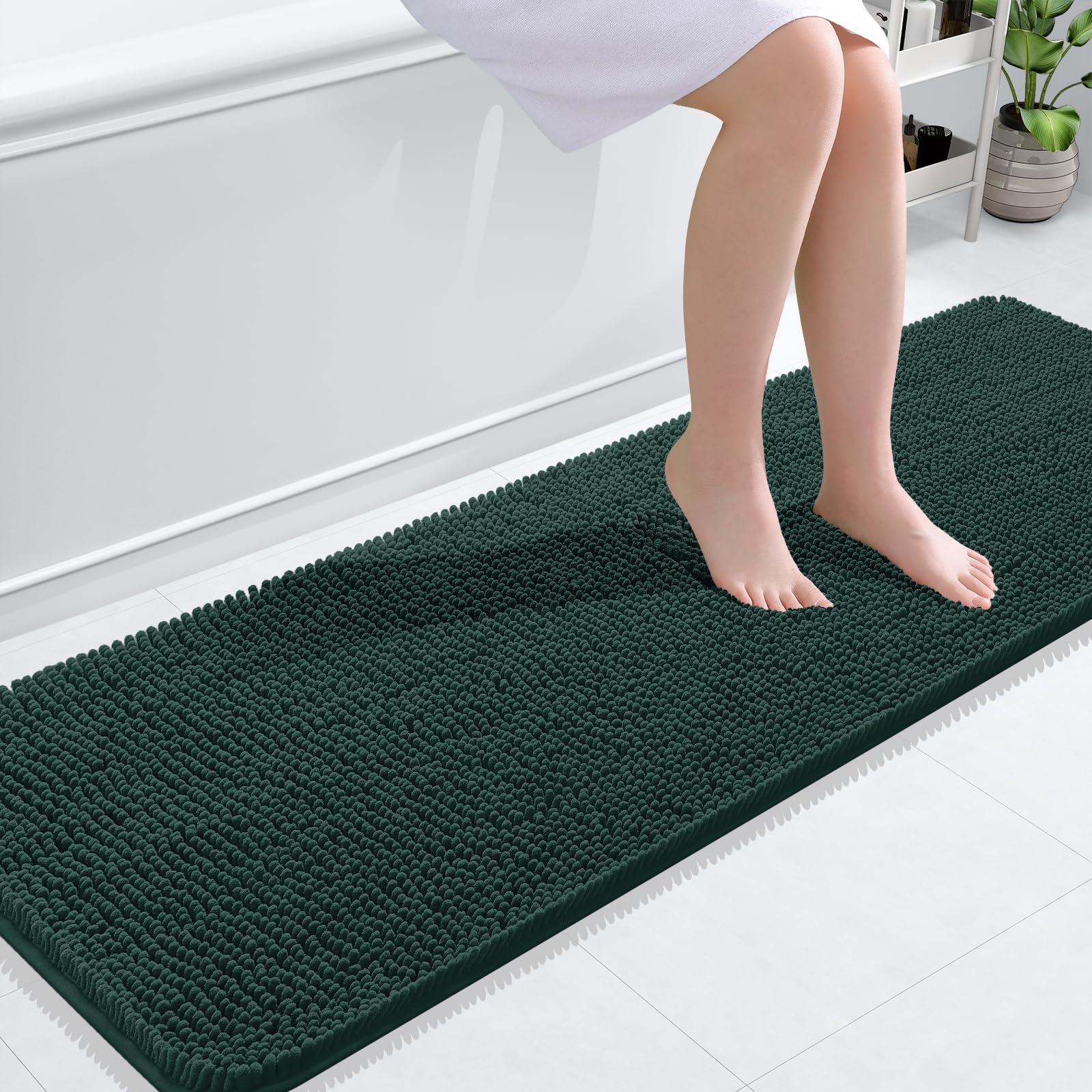 OLANLY Bathroom Rugs 59x20, Extra Soft Absorbent Chenille Bath Rugs, Rubber Backing Quick Dry, Machine Washable Bath Mats for Bathroom Floor, Tub and Shower, Home Decor Accessories, Blackish Green