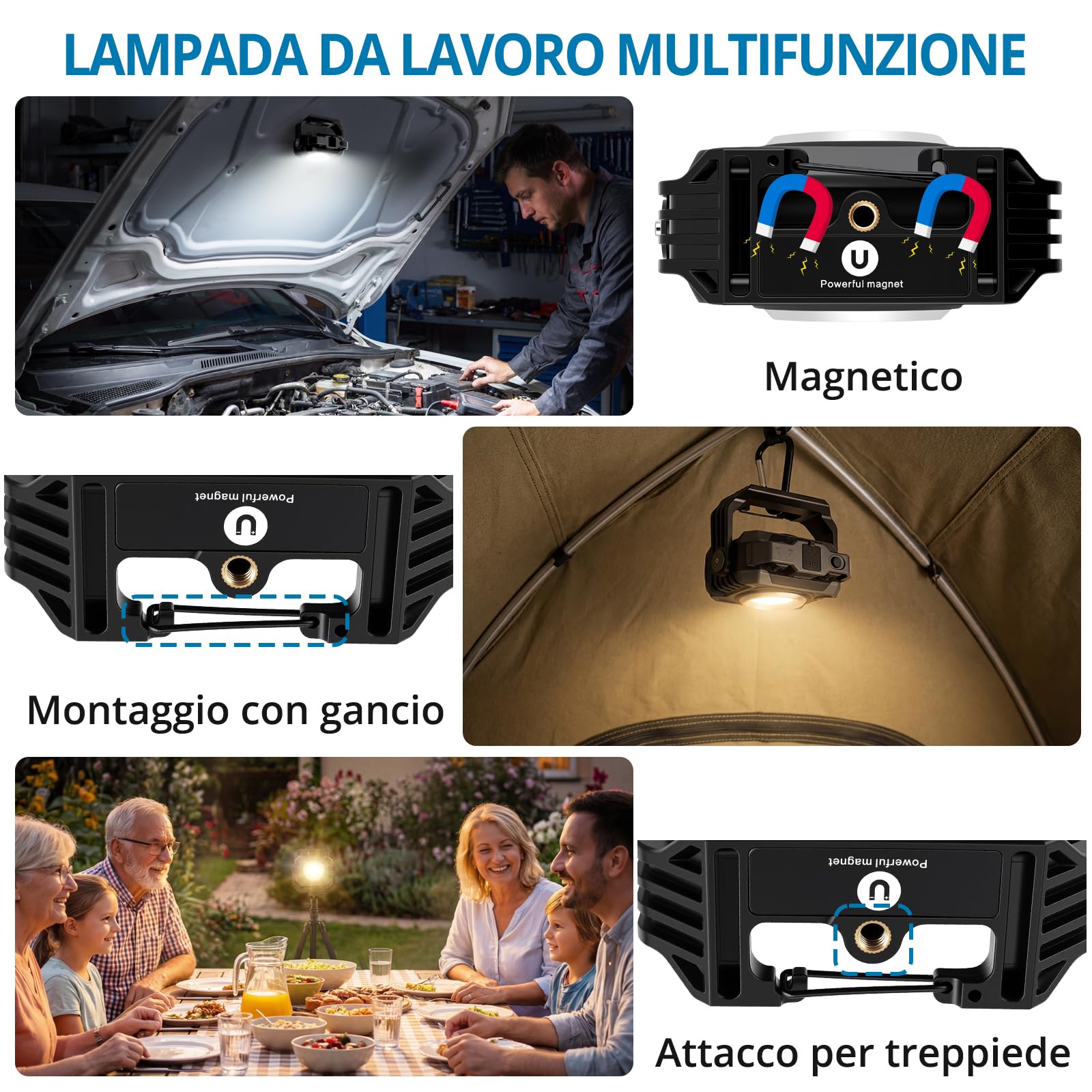 AUTOUTLET 2pz Lampada Portatile LED Ricaricabile 1500 LM,Lampada da Lavoro con 3 Modalità di Illuminazione,Impermeabile IP65 Supporto Girevole 360°Magnete+Gancio+Attacco 1/4",per Officina Campeggio