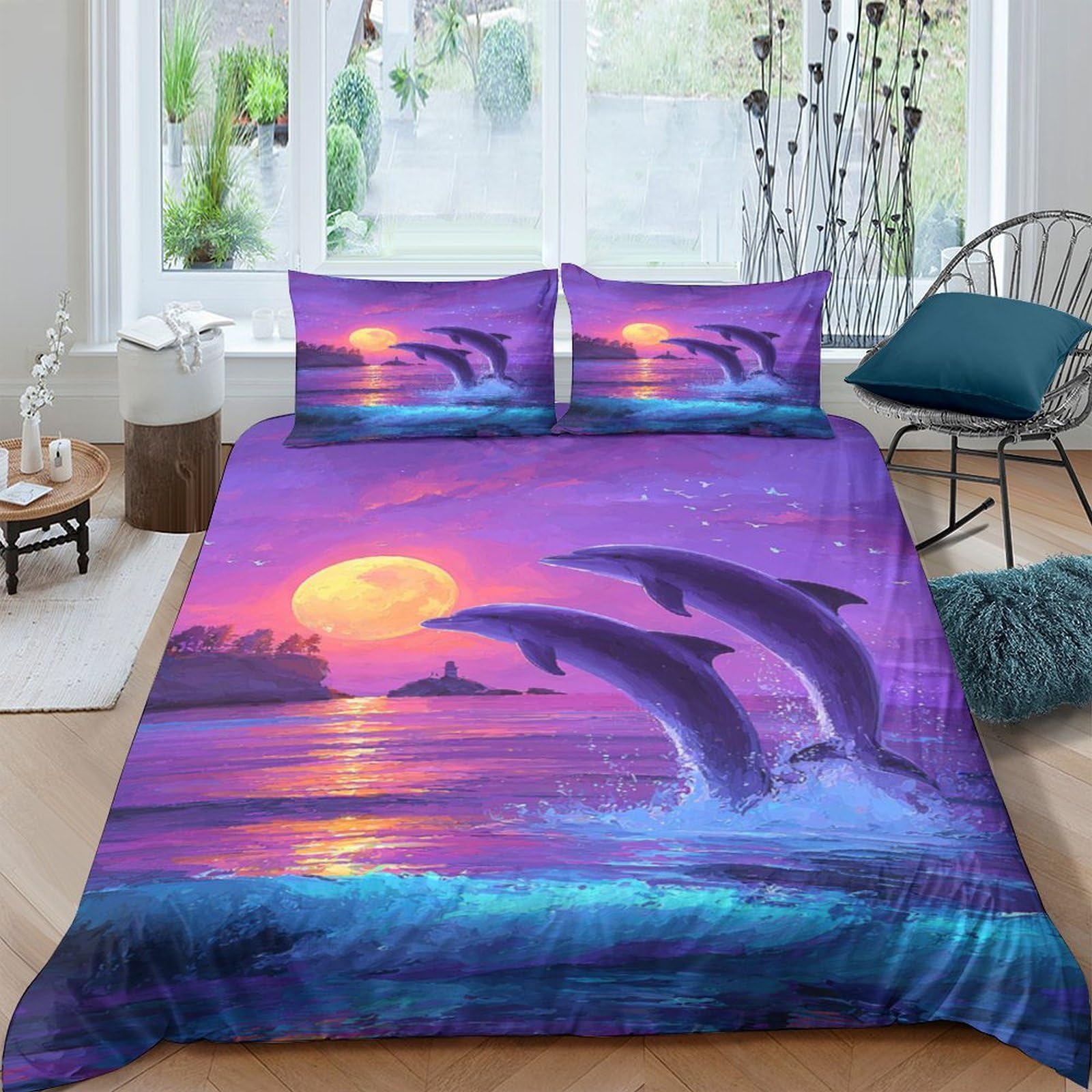 Ctjqhvkz Style-5 3D Printed Sunset Dolphin Fitted Sheet Microfiber Purple Ocean Mattress Cover For Bedroom Guest Room Decor Single（135X200cm）