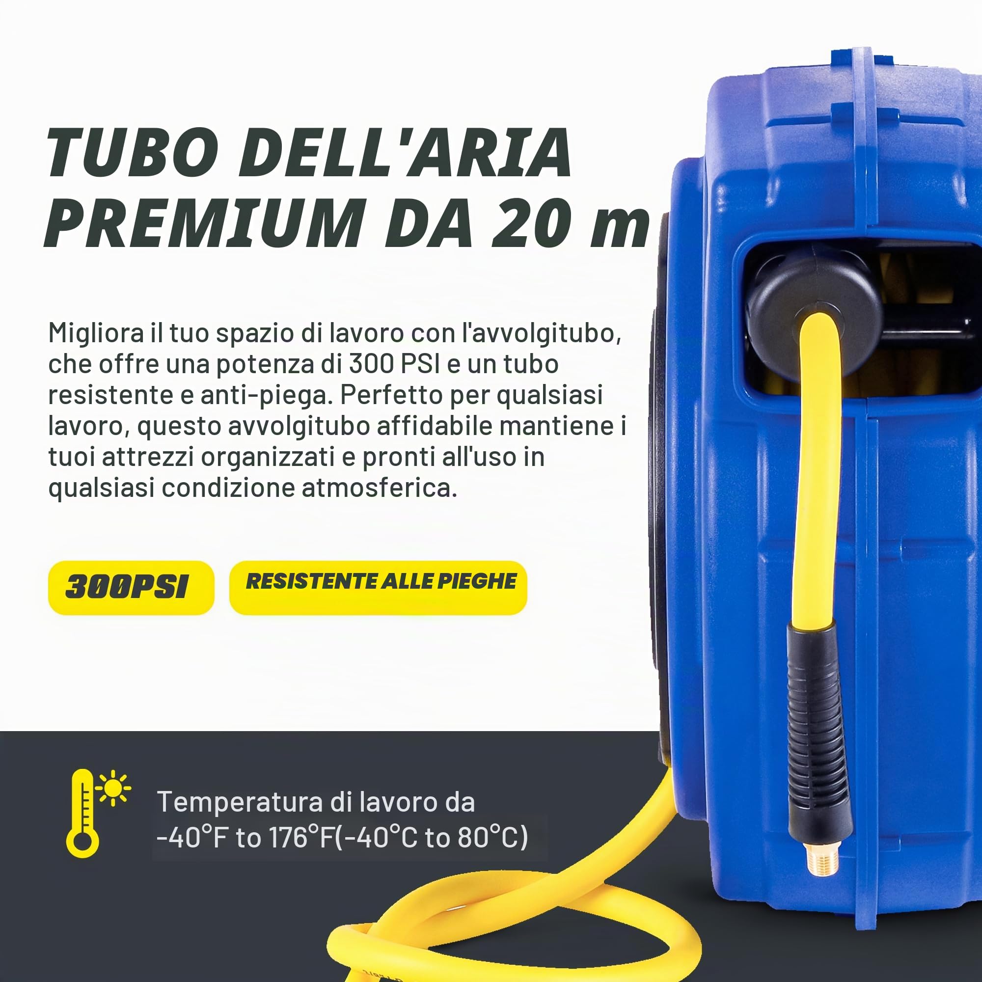 Goodyear retrattile compressore d'aria/acqua avvolgitubo, max. 300psi (3/8" x 65 ft) hybrid polymer tubo