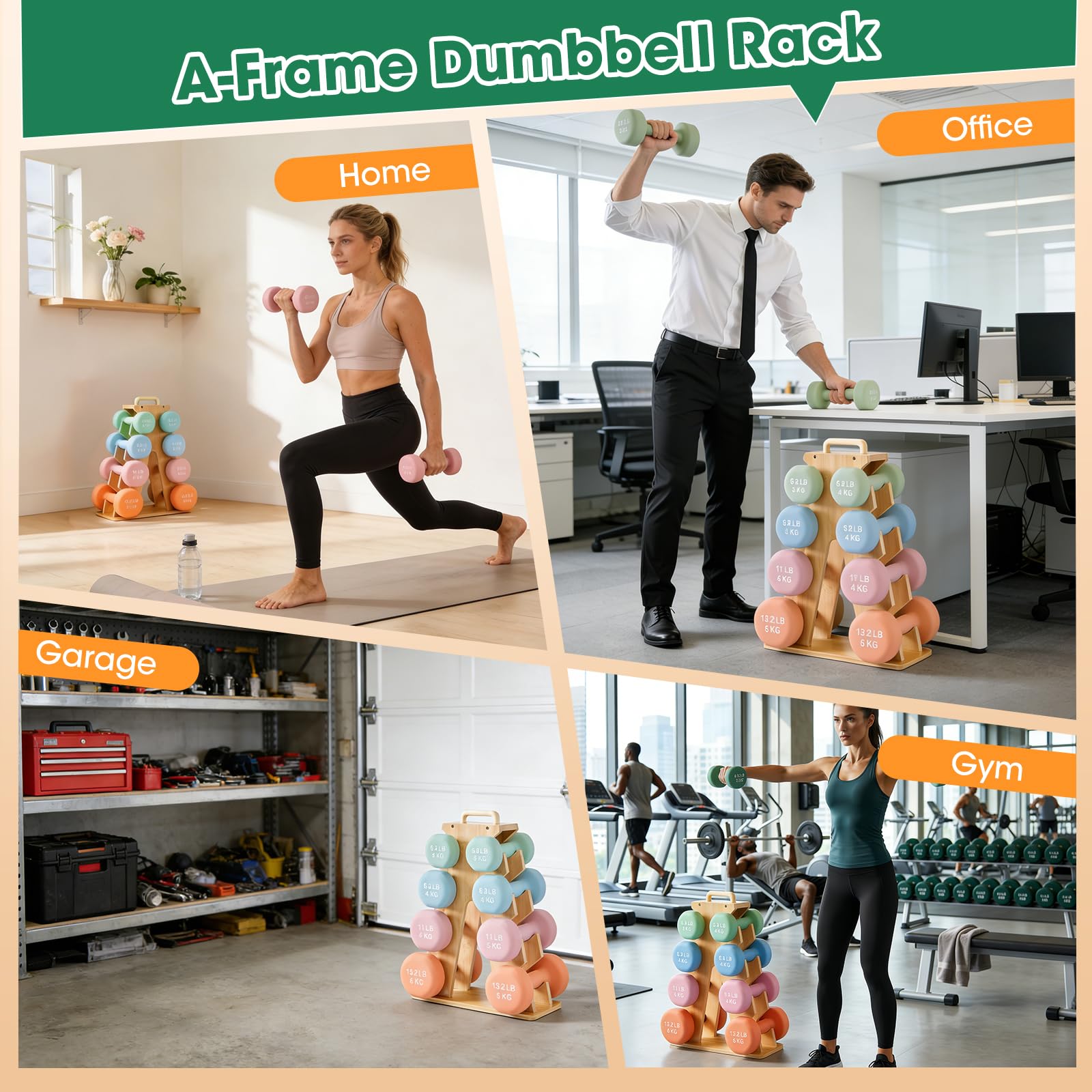 Support d'haltères en Bois 4 niveaux, Rack de Poids en A pour Haltères de 3 à 6 kg, Support de Fitness peu Encombrant avec Poignée de Transport, Organiseur de Rangement pour Salle de Sport à Domicile