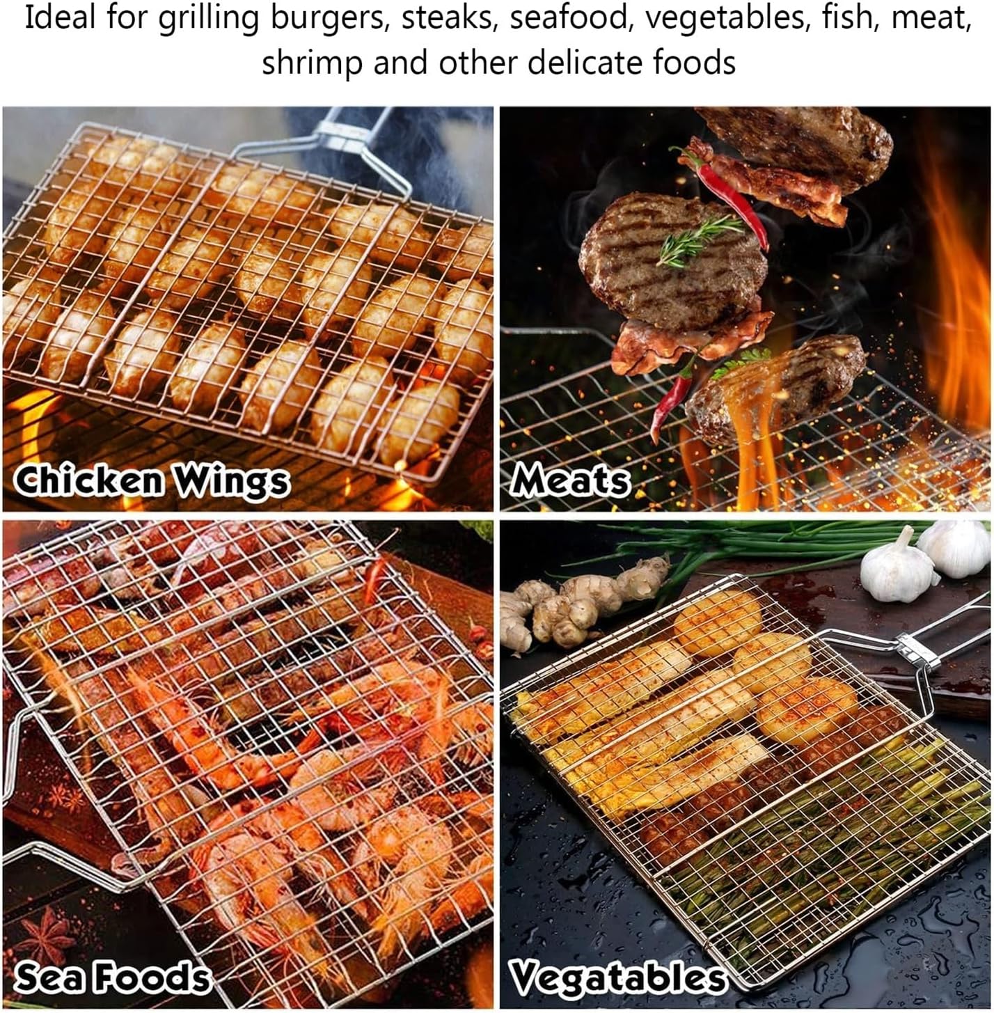 Grill Basket for BBQ, Stainless Steel Folding Fish Vegetable Grilling Basket with Handle, Portable Camping Cooking Accessories Great Present for Dad, Father's Day, Men