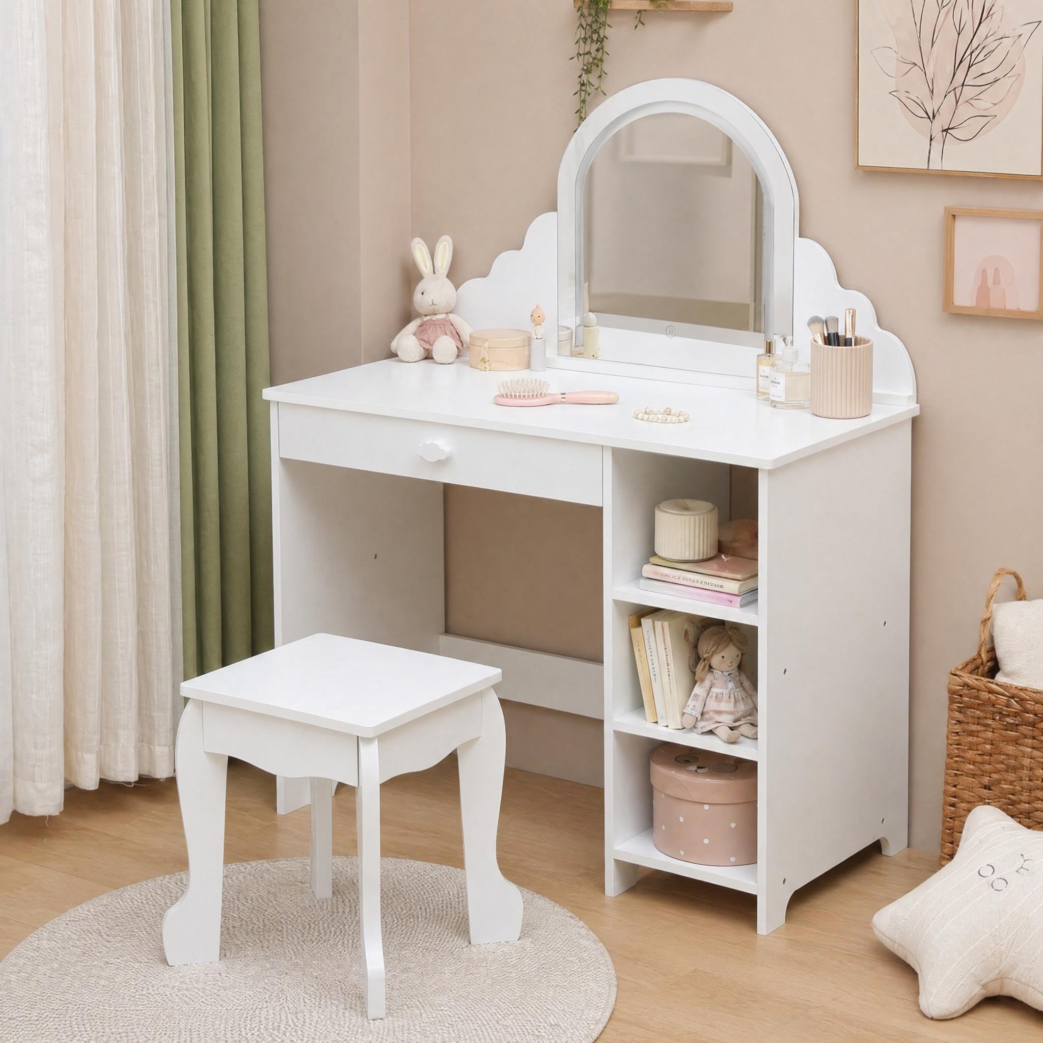 Kinderschminktisch mit Spiegel und Hocker, Robustes Holz Schminktisch Mädchen mit Beleuchtung & Spielzeug-Schminkset, Wellenrand Kosmetiktisch Kinder Möbel 3-9 Jahre, Weiß
