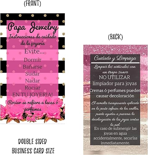 Miniatura 3 de Tarjetas españolas de limpieza y cuidado de joyas Paquete de 50 Instrucciones de cuidado de Jewelry Bling Queen en español Rayas con diseño floral