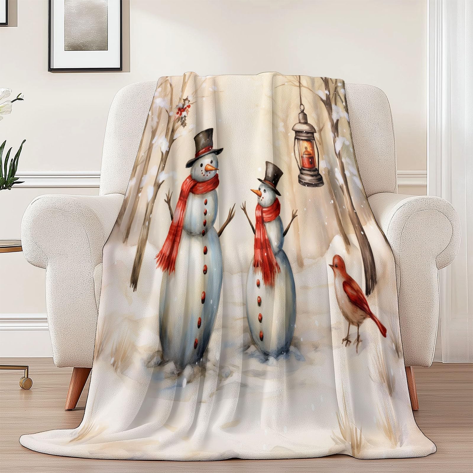 Miękki przytulny koc sherpa 180 x 220 cm, zimowy, leśny, bałwanek, lekki, puszysty koc dla dzieci dorosłych nastolatków, beżowy koc polarowy na sofę łóżko i kanapę