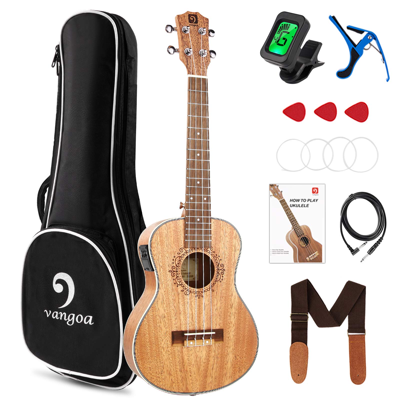 vangoaAcoustic Electric Ukulele Tenor Mahogany 26 Inch Electro Ukulele Beginner Kit with User Manual, Cable and Gig Bag