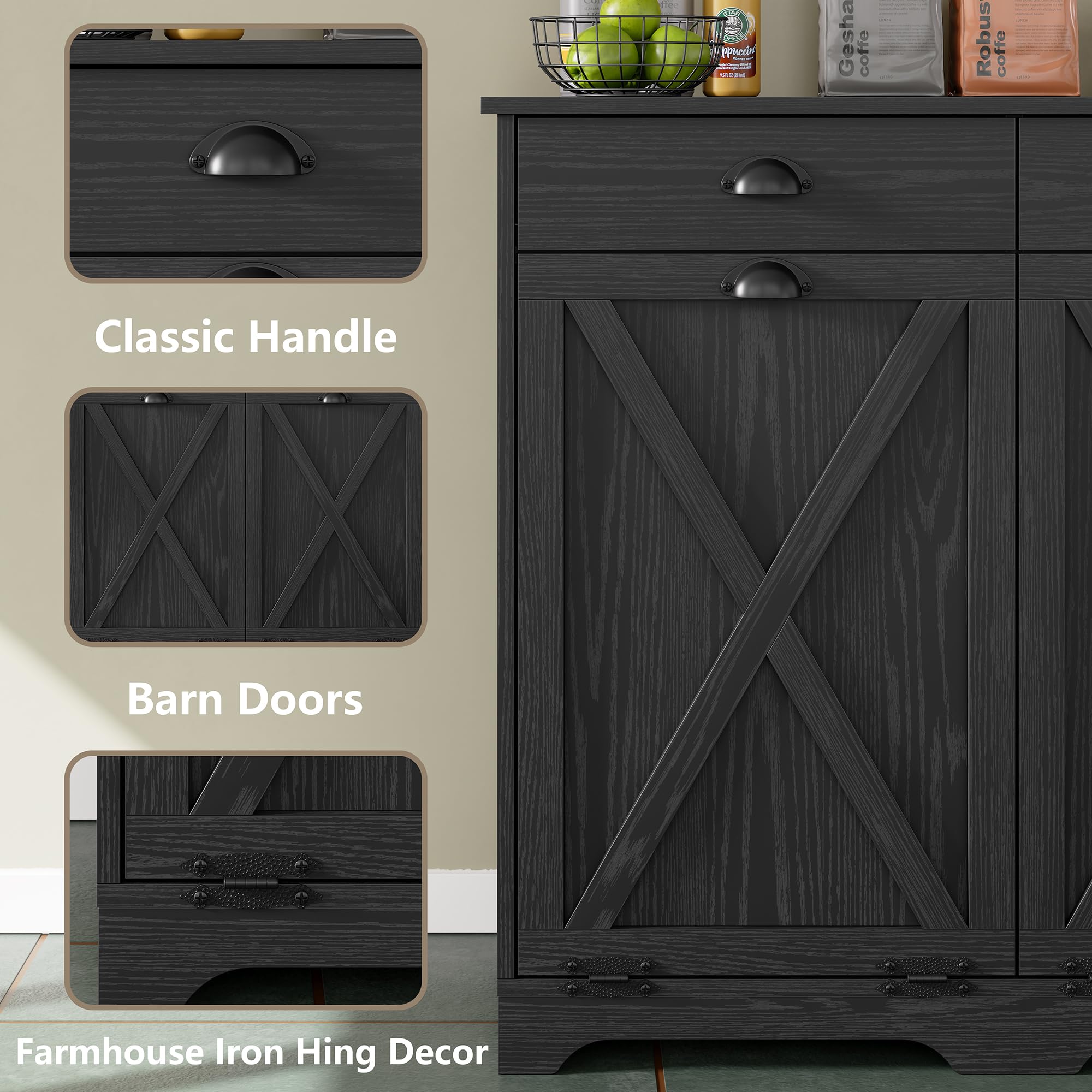 Furnihold Küchenschrank für Mülleime, Kücheninsel Küchenkommode mit Arbeitsplatte & 2 Schubladen, Holz-Farmhaus 2x37 L Mülleimer-Schrank für die Küche, Schwarz