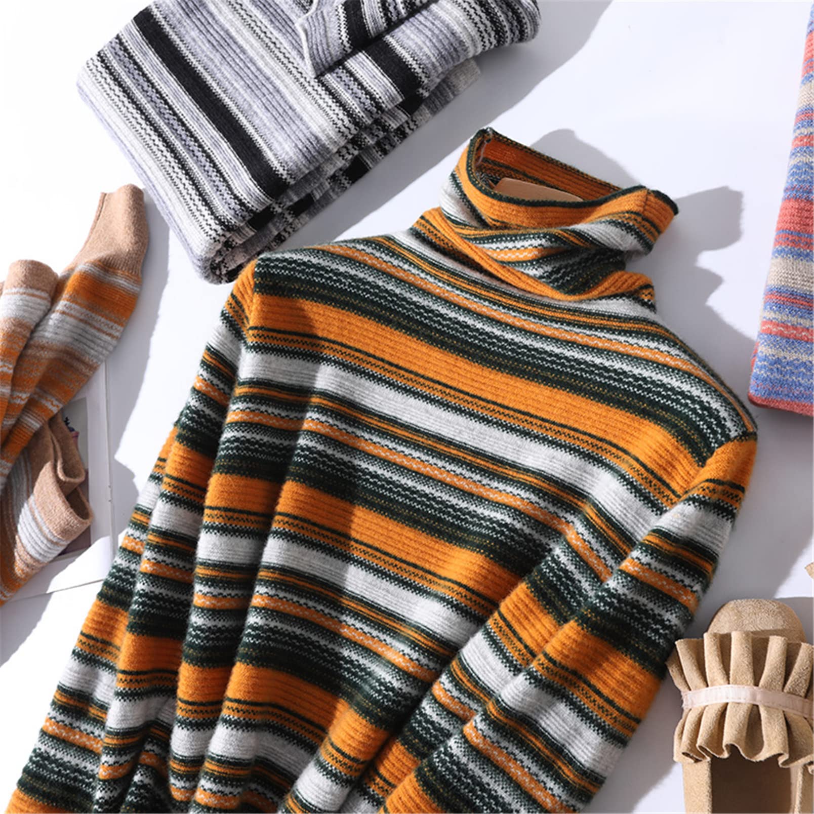 Damski kaszmirowy sweter golf ciepły wełniany dzianinowy sweter damski vintage sweter w paski
