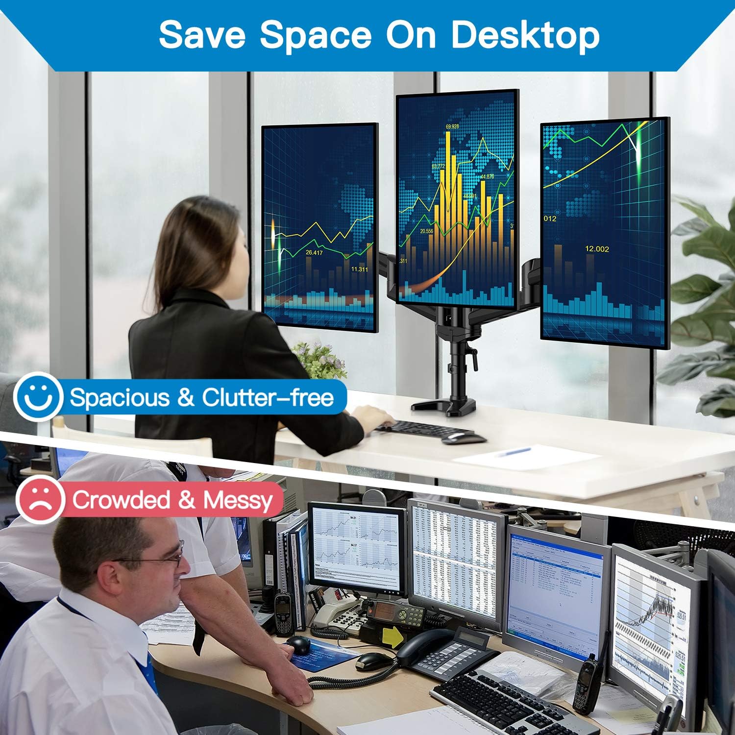 HUANUO Triple Monitor Stand - Full Motion Articulating Aluminum Gas Spring Monitor Mount Fit Three 17 to 32 inch Flat/Curved LCD Computer Screens with Clamp, Grommet Kit, Black : Electronics