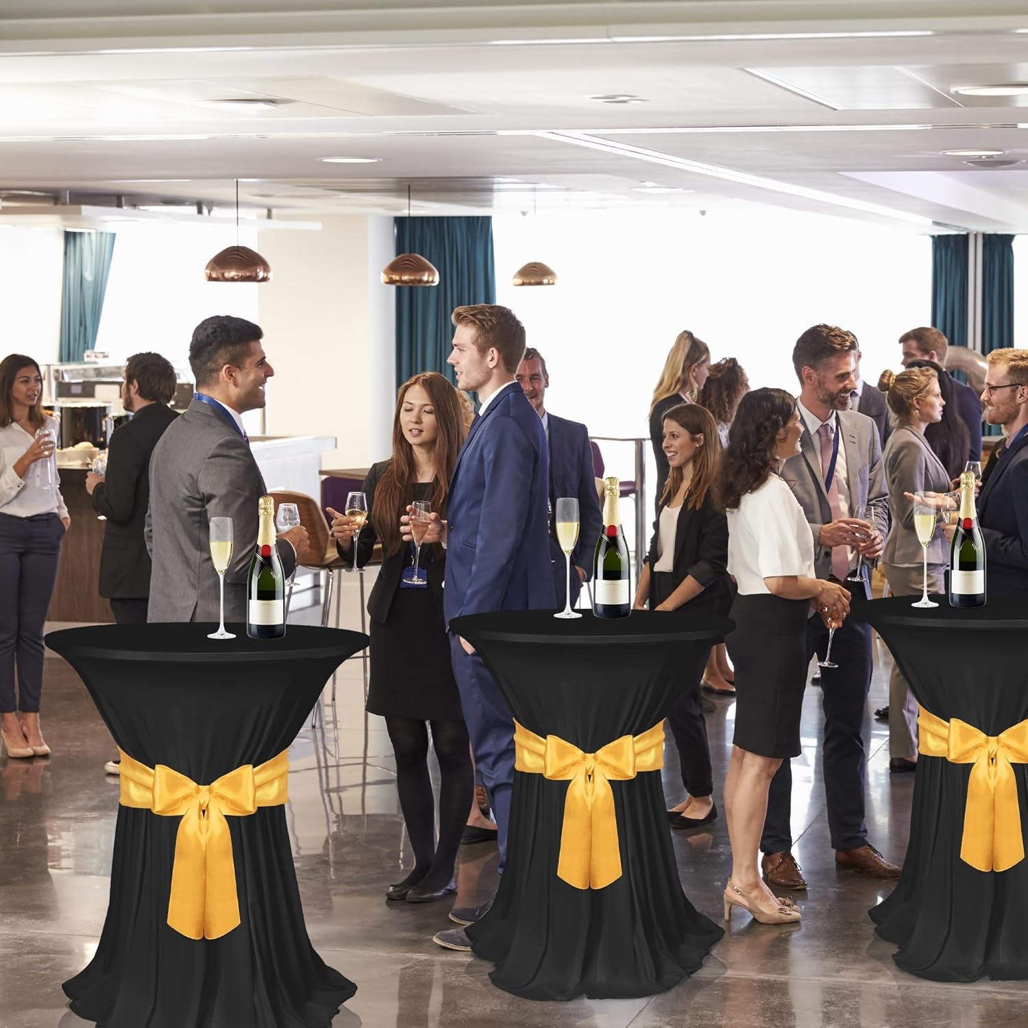 Kochorie 4 Set Cocktail Table Covers with Satin Sash, 32 x 43 Inch Round Cocktail Table Skirt, Spandex Stretch High Top Tablecloth for Wedding Banquet Birthday Party Decorations, (Black, Gold)