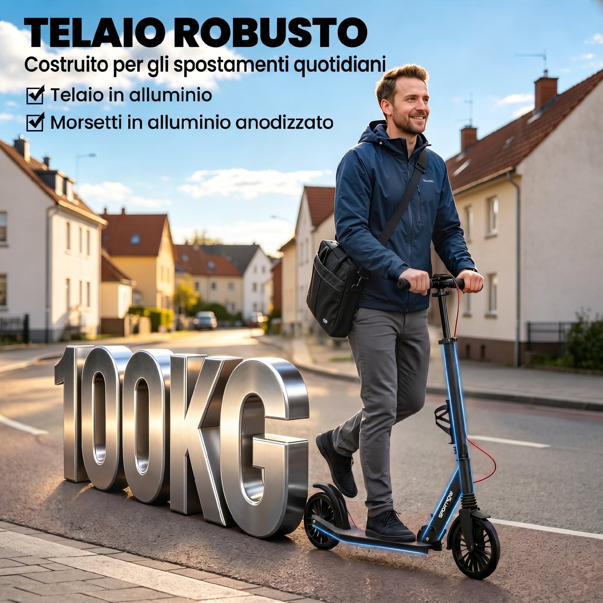 SPORTNOW Monopattino Adulto Pieghevole con Manubrio Regolabile, Scooter Pieghevole in Alluminio con un Solo Clic, Ruote Grandi di 200 mm, Ammortizzatore, Doppio Freno, ABEC-7, Portata 100 kg, Argento