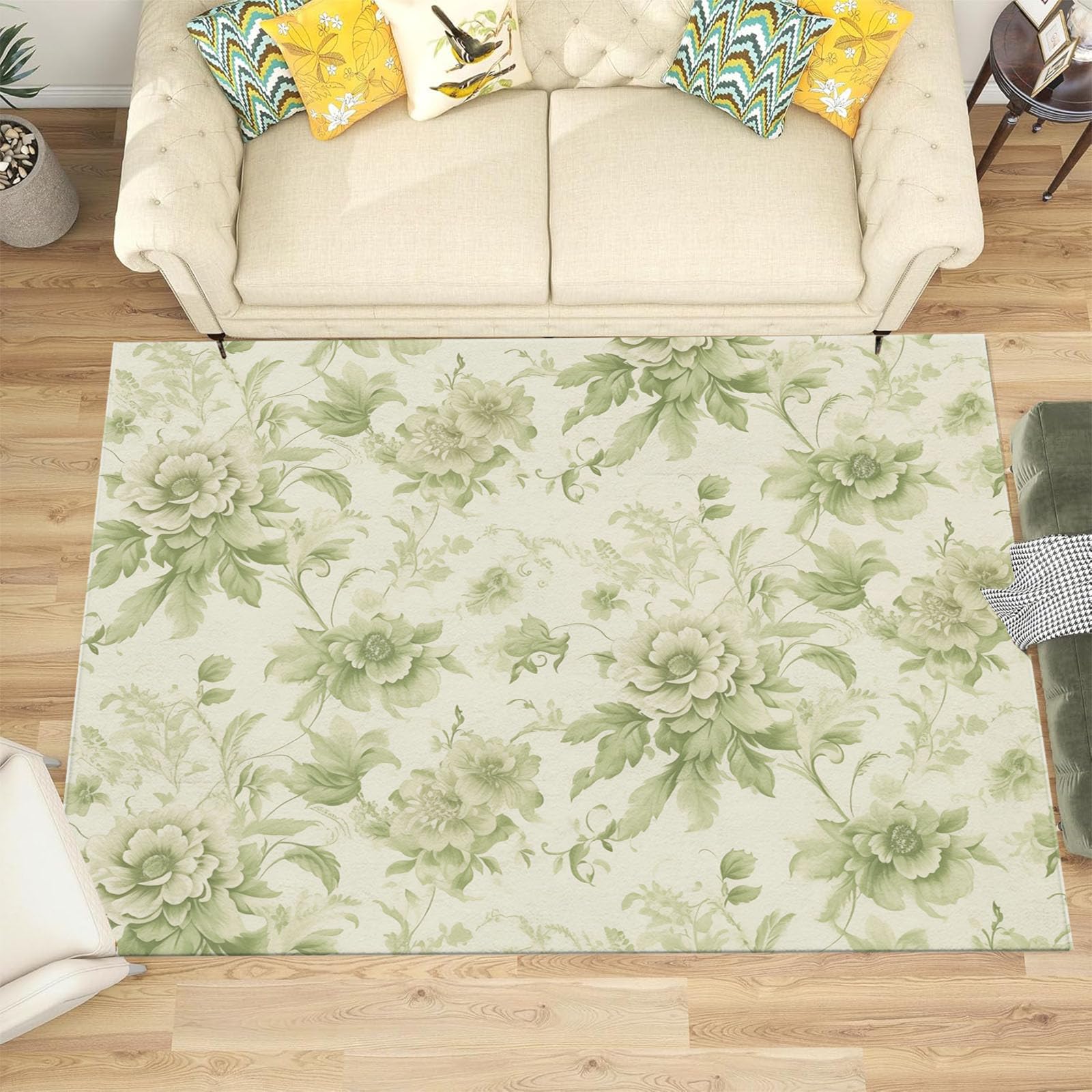 Tapis fleurs champêtres vert sauge pour sublimer l'ambiance du salon