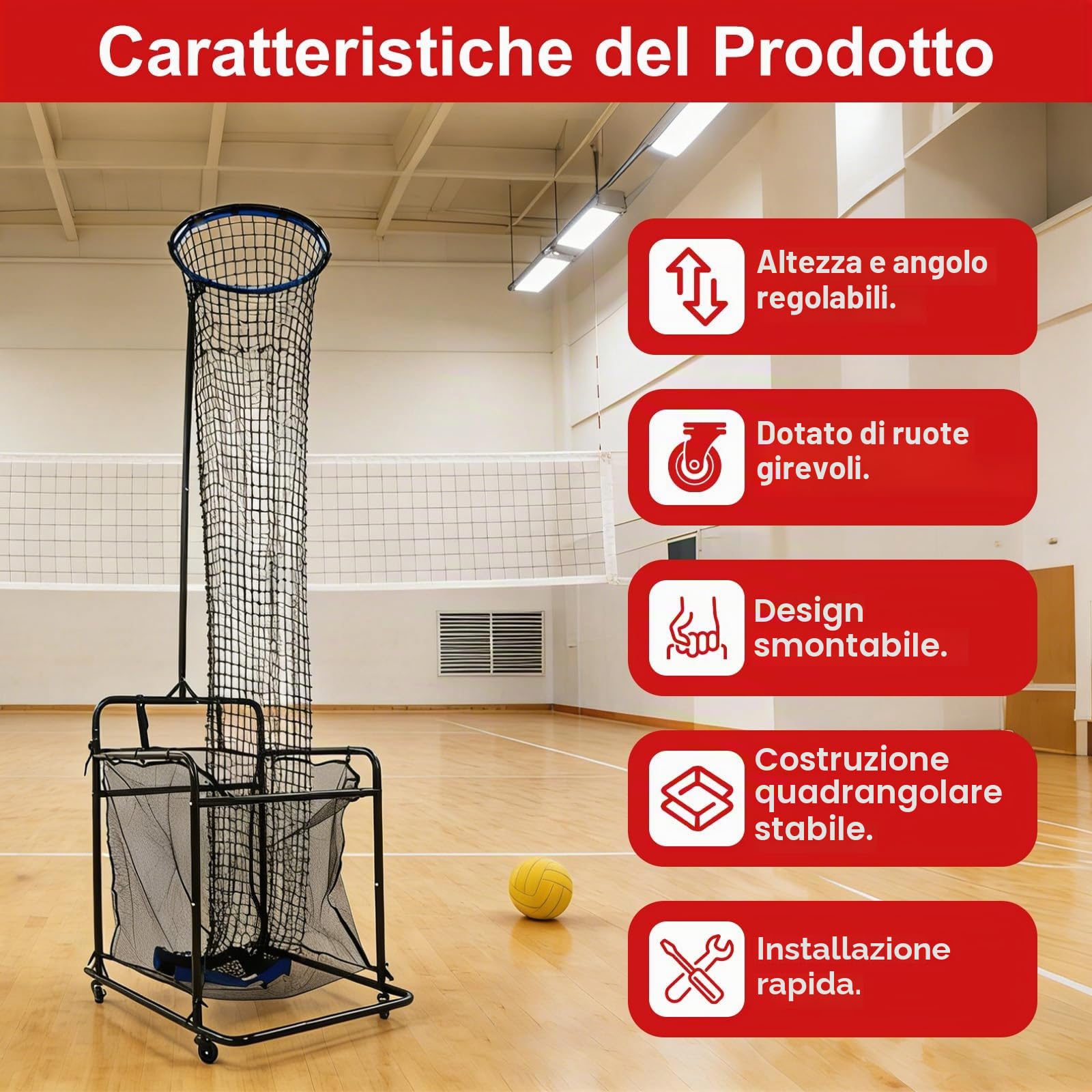 Set di allenamento per la pallavolo con ruote, rete di allenamento per la pallavolo regolabile con angolazione da 0° a 90° e altezza da 1,7 a 3,3 m, rete di esercitazione con rimbalzo