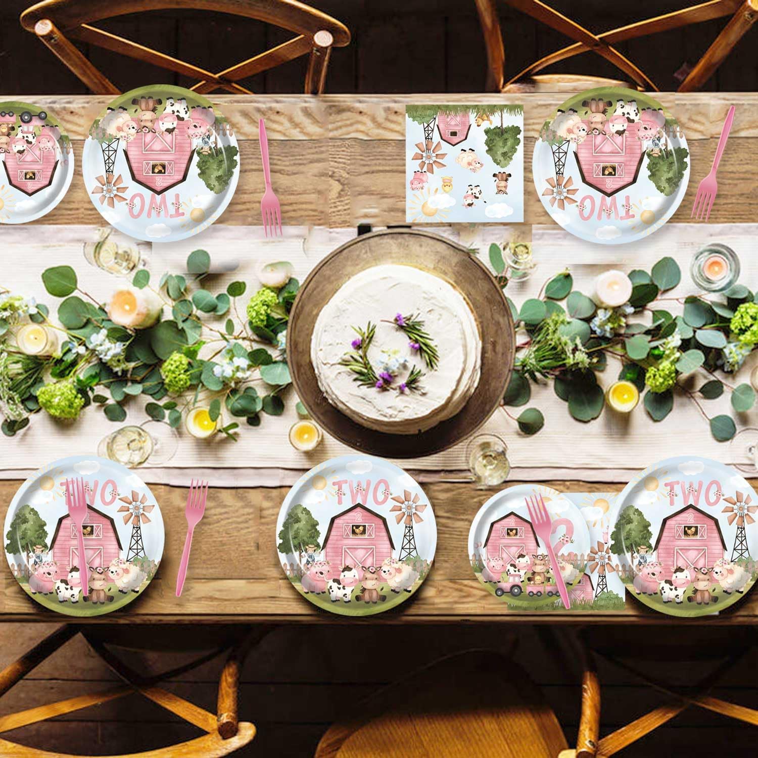 80Pcs Pink Barn Farm Animals Two Birthday Party Plates Cow Second Farmhouse 2nd Party Supplies Decorations for Girl Baby Bday