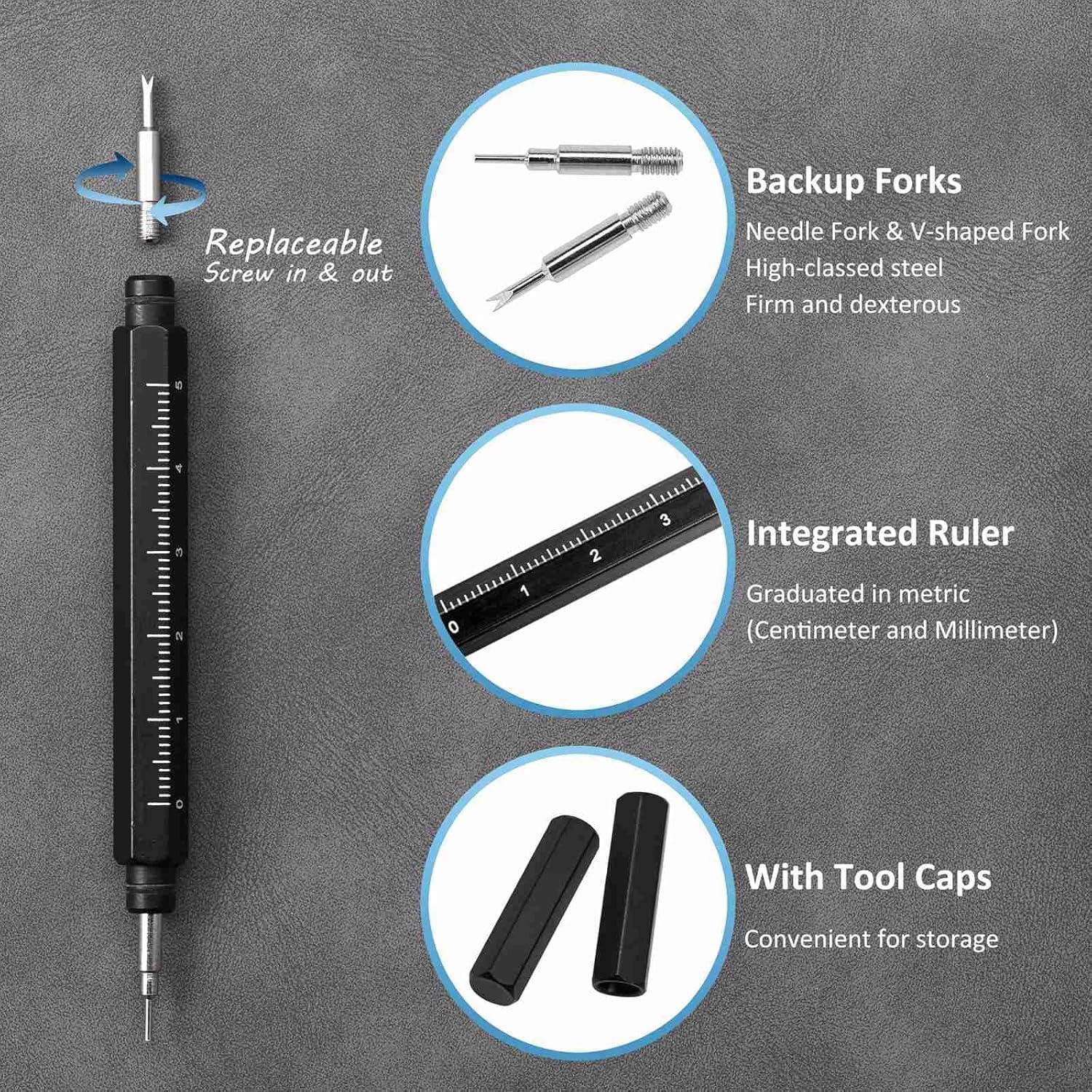 Professional Watch Spring Bar Tool Kit with Built-in Ruler, Caps and 4PCS Needle Fork for Quick Watch Link Removal, Wristwatch Band Pins Replacement, Durable, Precise, Easy-to-Use