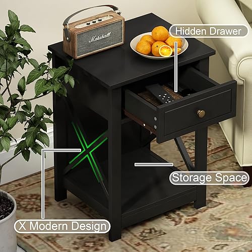 Miniatura 6 de Treocho Juego de 2 mesas auxiliares negras, mesita de noche moderna con diseño X, mesa auxiliar con almacenamiento abierto para lugares pequeños,