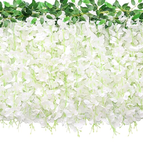 SIVEPY 60 Branches Wisteria Hanging Flowers, 4Pcs Wisteria Artificial Flowers Garland, Artificial Wisteria Vine Silk Hanging Flower for Home Garden Outdoor Ceremony Wedding Arch Floral Decor (White)