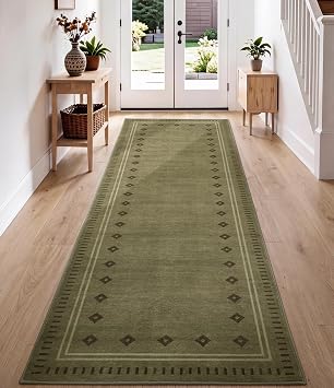 YIHOUSE Green Diamond Bordered Runner Rugs 2x6, Non-Slip Washable Farmhouse Rug for Hallway, Low-Pile Indoor Carpets, Stain-Resistant Vintage Rugs for Bedroom, Dining Room, Office