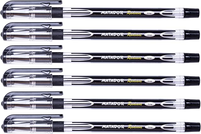 Matador Radiant Writing Handwriting Fine Point Gel Pens 6 Pack 0.7mm Fine Tip Ballpoint All Black Ink Gloss Foil Body