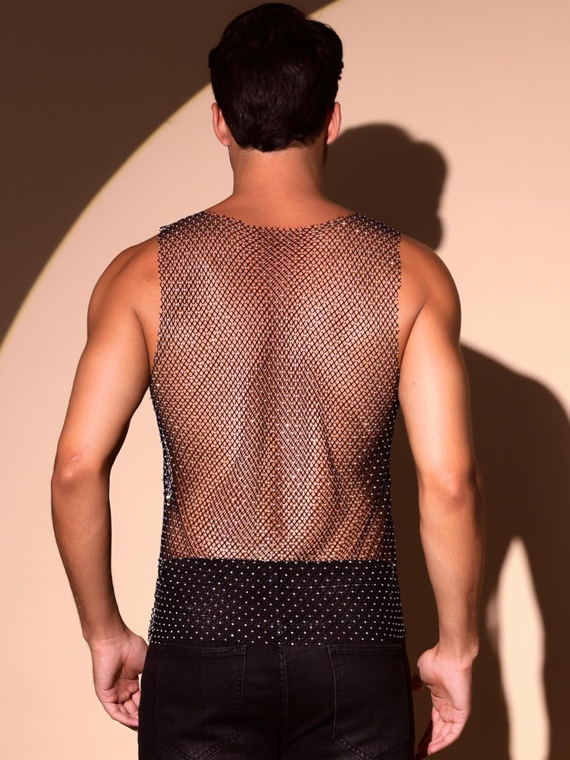Lars Amadeus Rhinestones Sparkly Tank Top for Men's Shiny Mesh Sleeveless Tee Shirt Rave Sheer Metallic Vest - Image 3