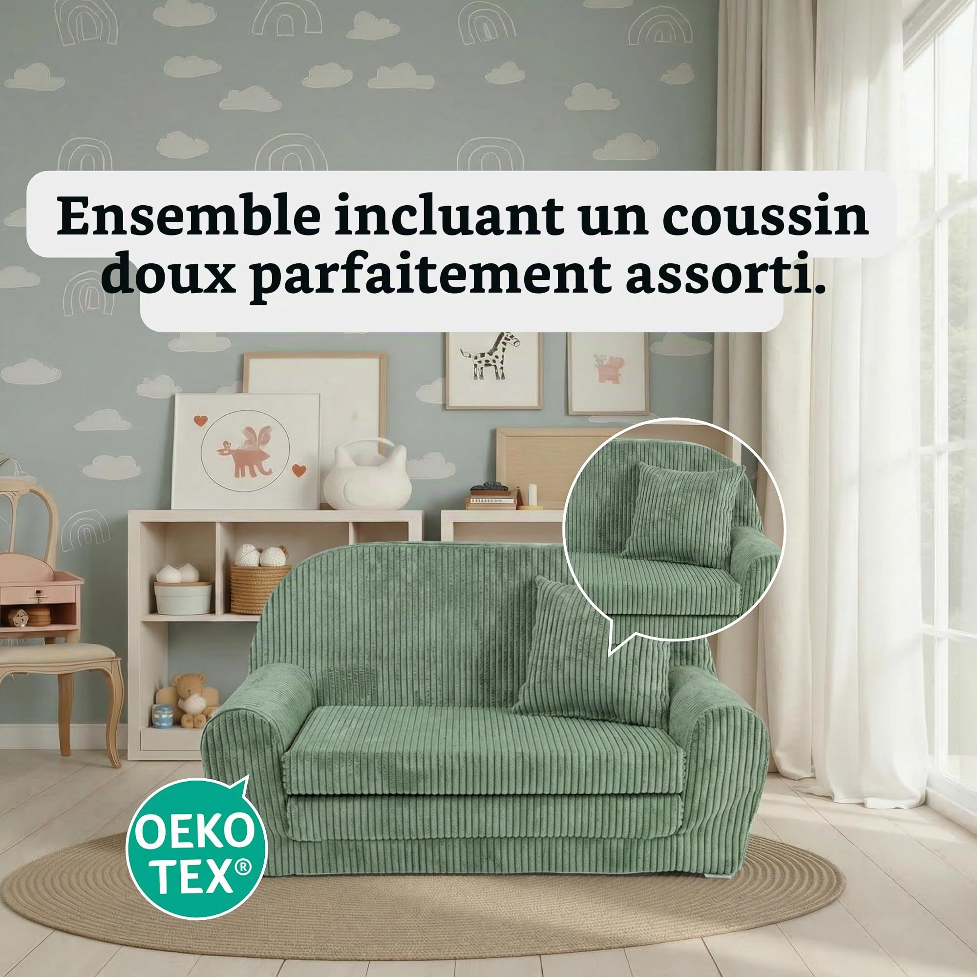 FORTISLINE Canapé enfant dépliable 78x45x40 cm - Canapé enfant en velours avec surface de couchage 104 cm, Mini canapé pour chambre d'enfant, Housse amovible et lavable, Oeko-TEX Standard 100