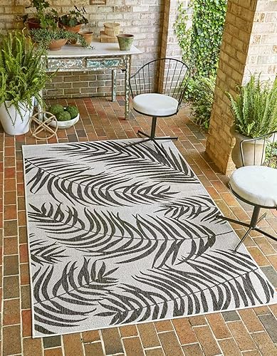 Unique Loom - Tapete de la colección Outdoor Botanical, diseño de palmera (4.1pies x 6.1pies, rectangular, color marfil, carbóngris)