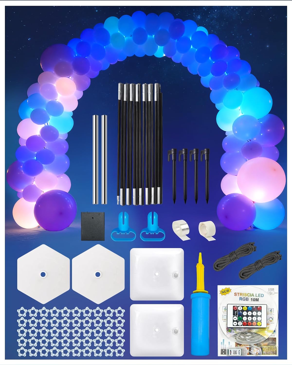 Balloon Arch Kit with LED Lights, 9ft & 7.4ft Adjustable Balloon Arch Stand Kit with Base, Balloon Garland Stand Party Backdrop Decoration for Birthday Party Wedding Baby Shower Graduation