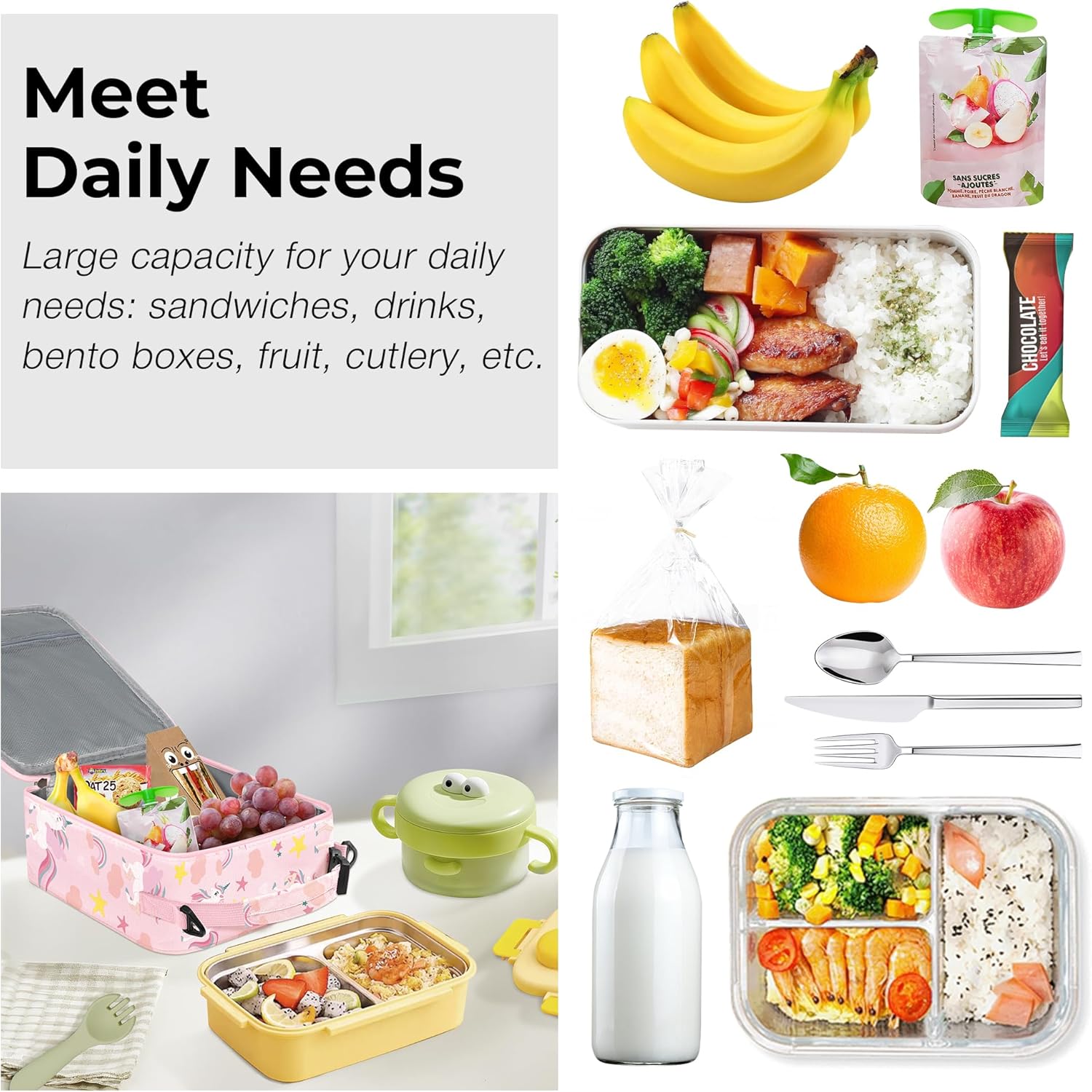 Clastyle Princess Insulated Kids Lunch Bag Large Thermal Cooler Bag for Girl Picnic School Lunch Box Tote,Pink Unicorn Star Rainbow - Image 4