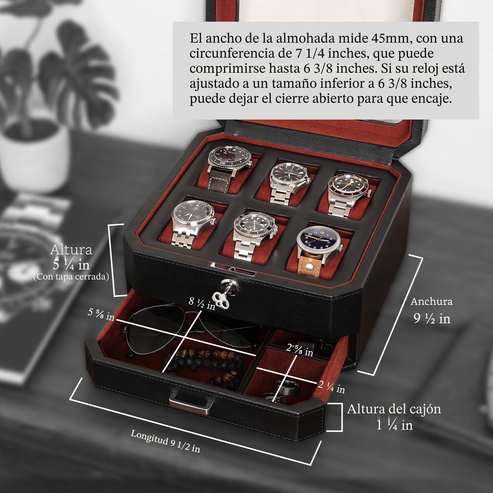 ROTHWELL Caja de reloj de cuero de 6 ranuras con cajón de servicio, organizador de exhibición de caja de reloj de lujo, soporte para cajas de almacenamiento para hombres(negro/rojo)