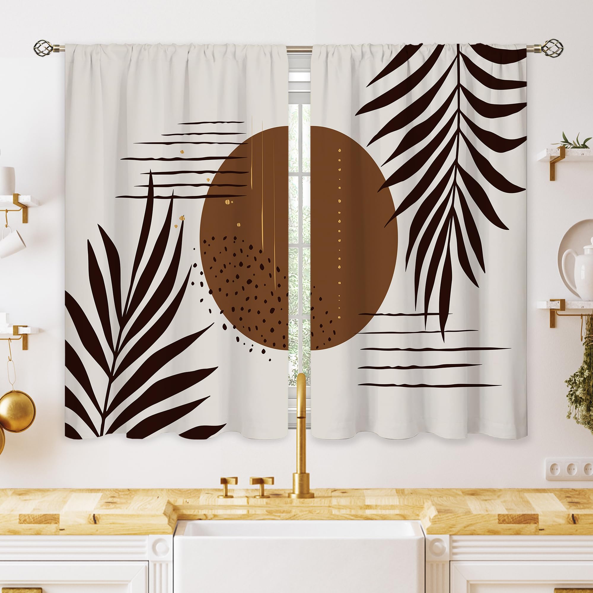 oolygoo Brown Abstract Boho Mid Century Small Kitchen Curtains Modern Leaf Window Treatment Plant Chic Cafe Short Window Curtains for Bathroom Dining Laundry Room Tier Treatment Drapes 27.5x39 inch — image 1