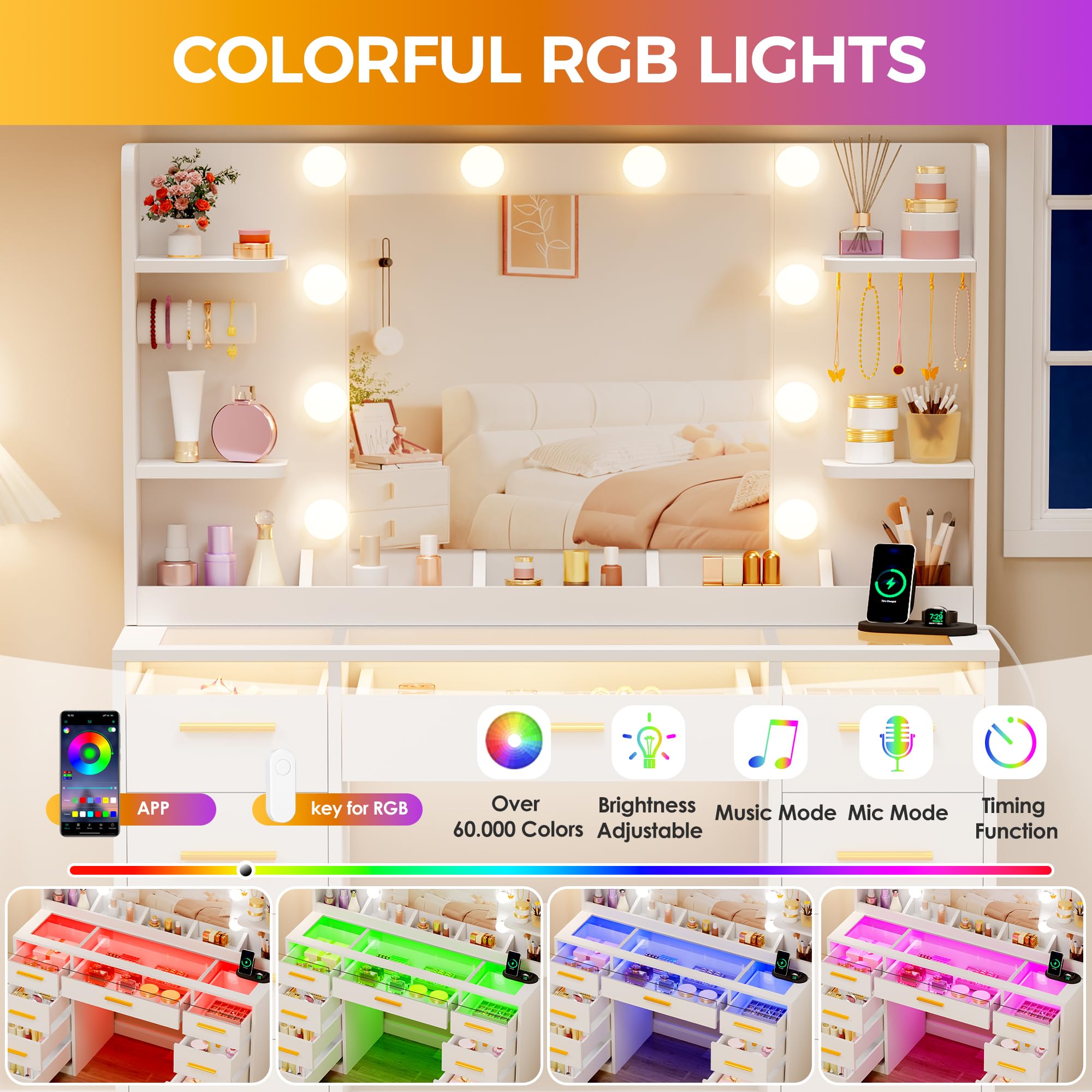 ANWBROAD Coiffeuse avec Miroir et Éclairage LED 3 Couleurs Grande Coiffeuse avec Plateau en Verre 9 Tiroirs RGB 4 Étagères Table de Maquillage avec Prise de Courant pour Chambre Moderne Blanc BDT95W