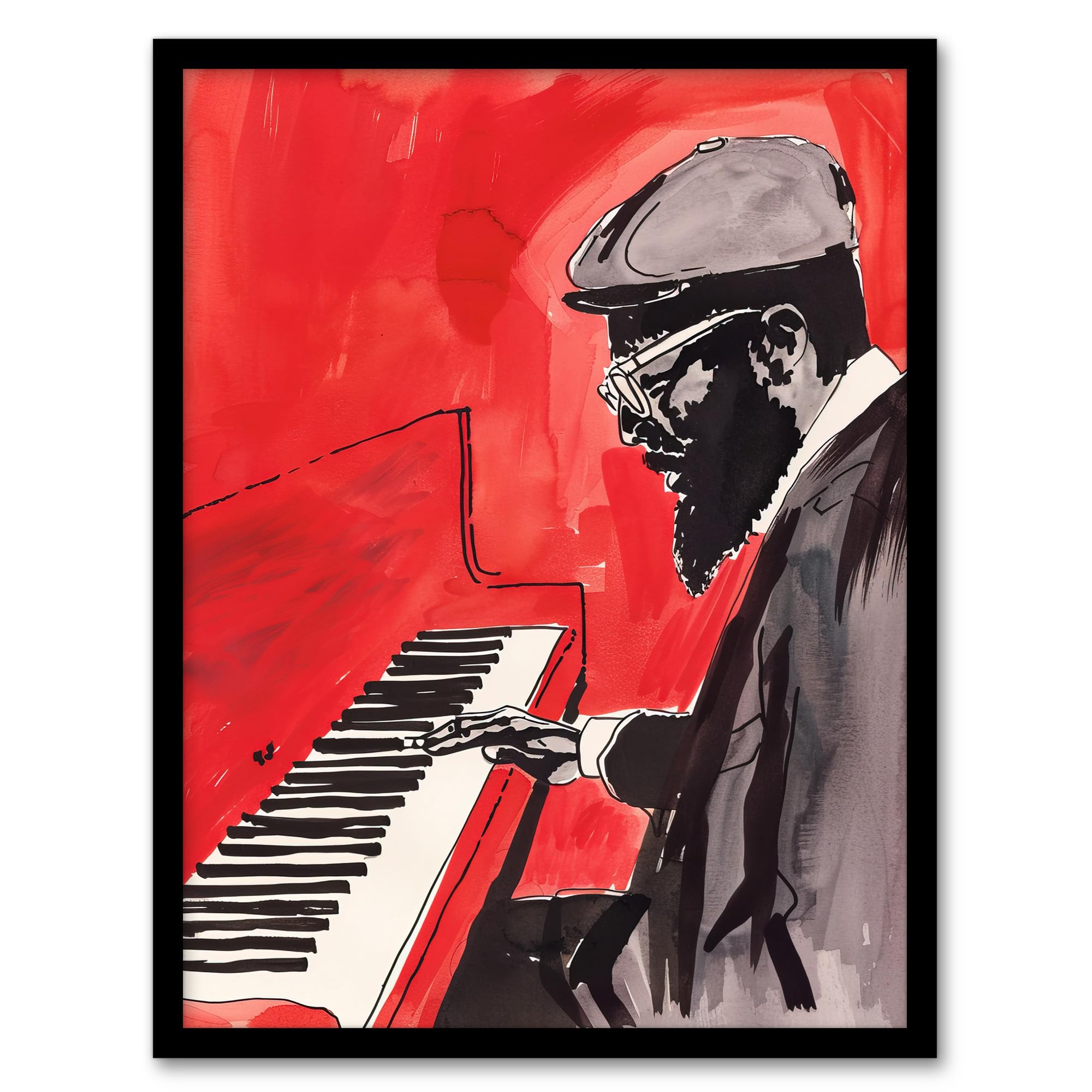 Artery8 Thelonious Monk Jazz Piano Music Red Portrait Living Room Artwork Framed Wall Art Print A4