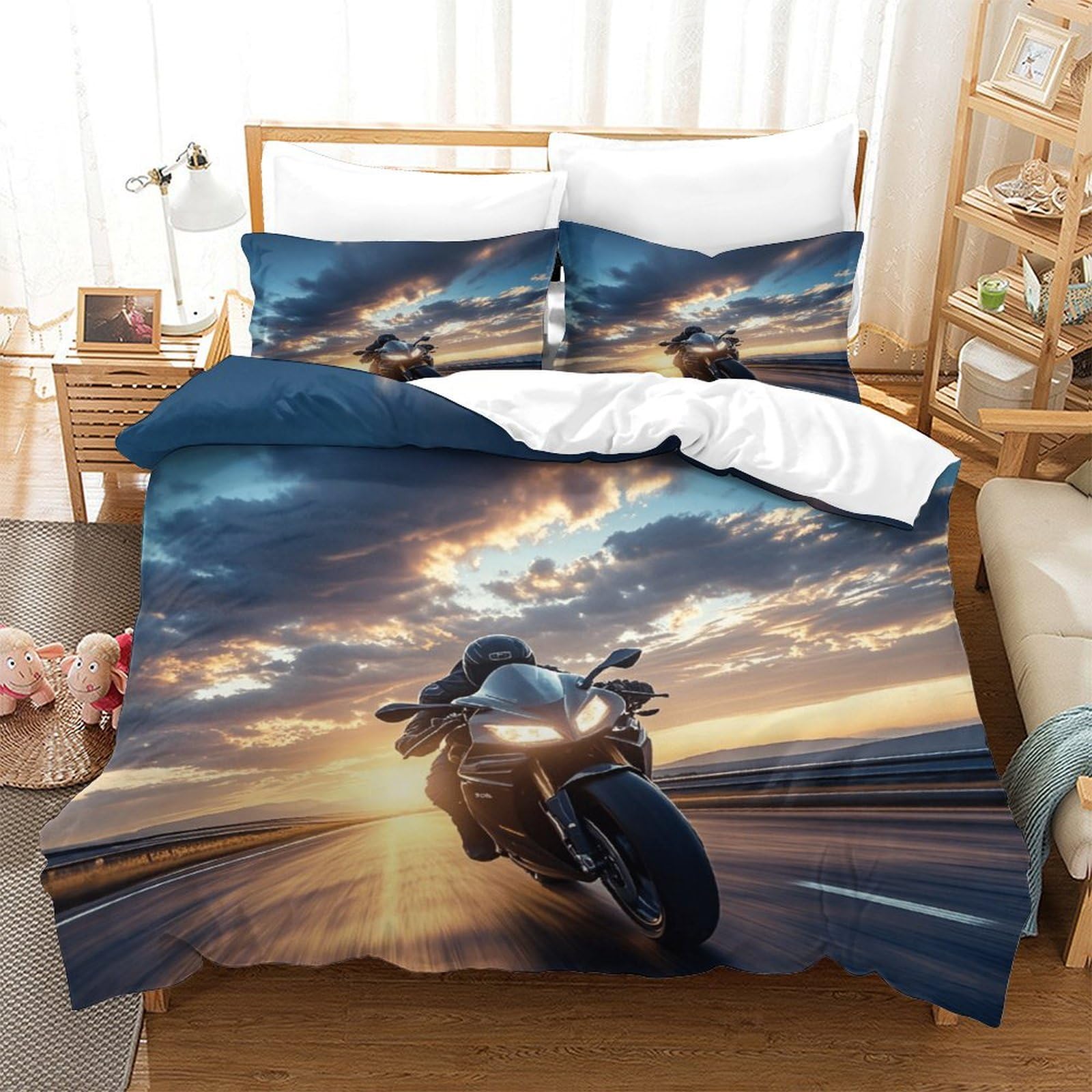 Xiaopangxy Boys Moto Racing Washable Duvet Cover Set Hidden Zipper Motorcycle Quilt Cover Set With Pillowcases Bedding Set Soft Microfiber Bed Linen Set For Kids & Adults King（220X240cm）