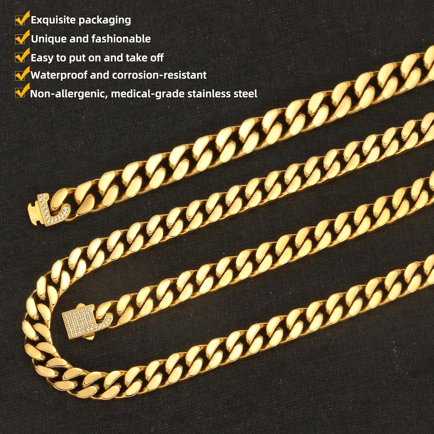 CaptainSteeL Miami Cuban Link Chain Necklace for Men/Women,316L Stainless Steel/Gold Plated 9MM Width 18"/20"/22"/24" Length Fashion Snap Shiny Ziron Button Hip Hop Jewelry with Gift Box - Image 3