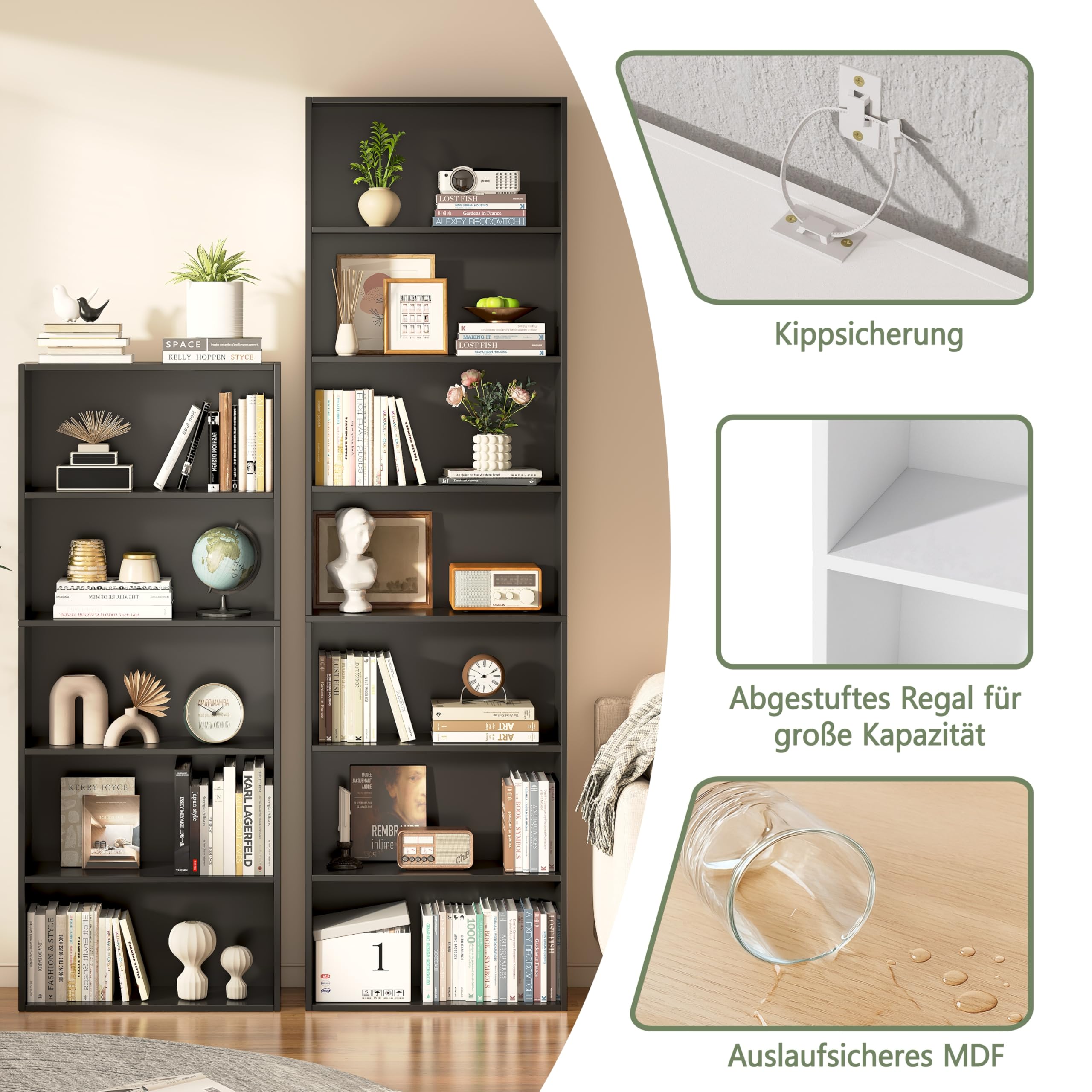 Garvis Standregal 7 Ebenen | 60 cm breit, 210 cm hoch | Offenes Bücherregal Weiß Schwarz Eiche | Büroregal Wohnzimmer (Rustikal)