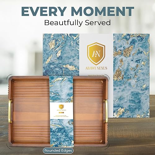 Miniatura 2 de Acacia Wood Serving Tray with Metal Handles, 17x13in, Decorative Coffee Table Tray & Ottoman Tray, Anti-Slip Pads, Dark Wood Tray for Breakfast in