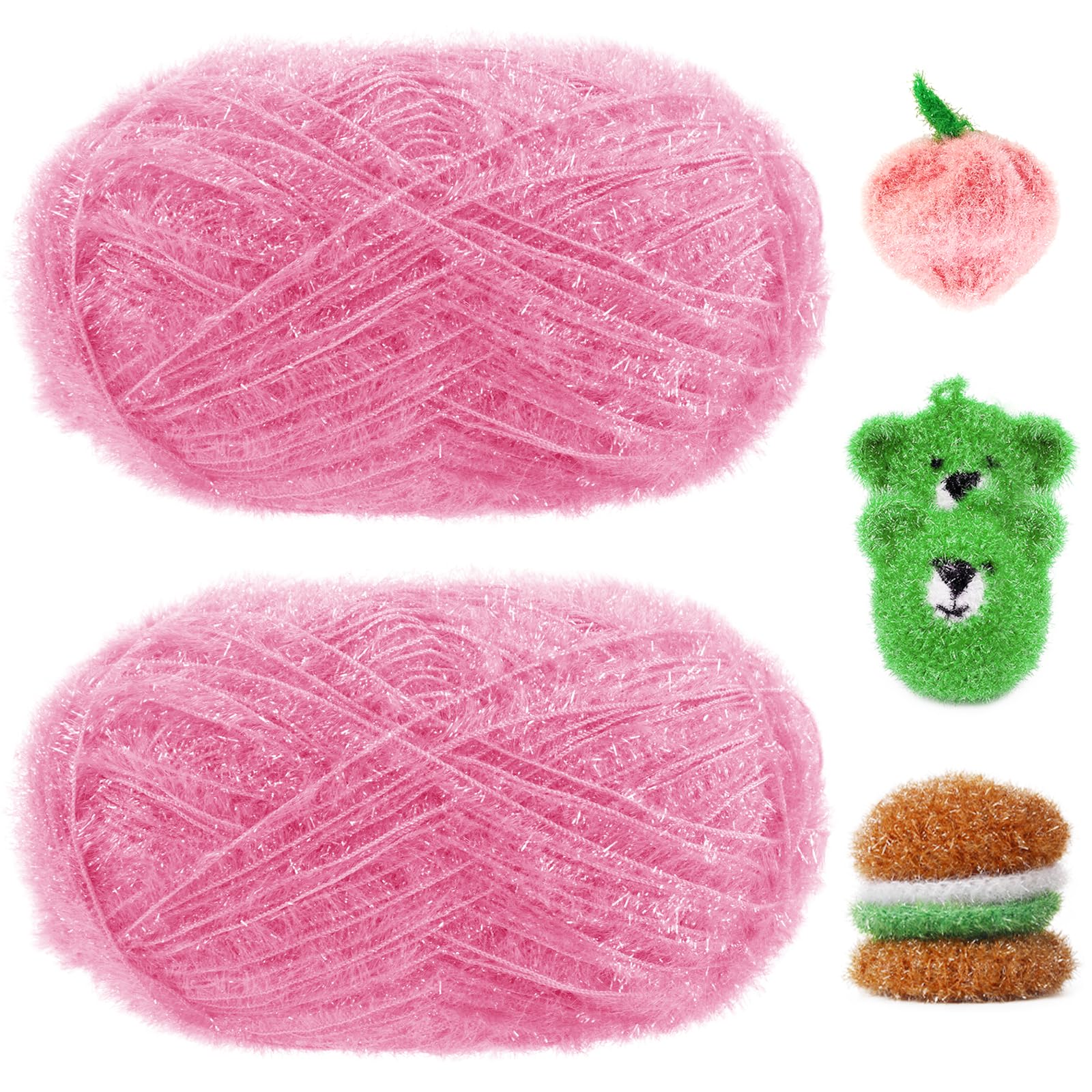 Uiopa Glitter Yarn for Crochet 2 Skeins (2 x 100g, 2 x 200m) Scrubby Yarn Fluffy Polyester Cord for Crocheting Knitting Dishcloths Washcloths Home Decor DIY Crafts (Dark Pink)