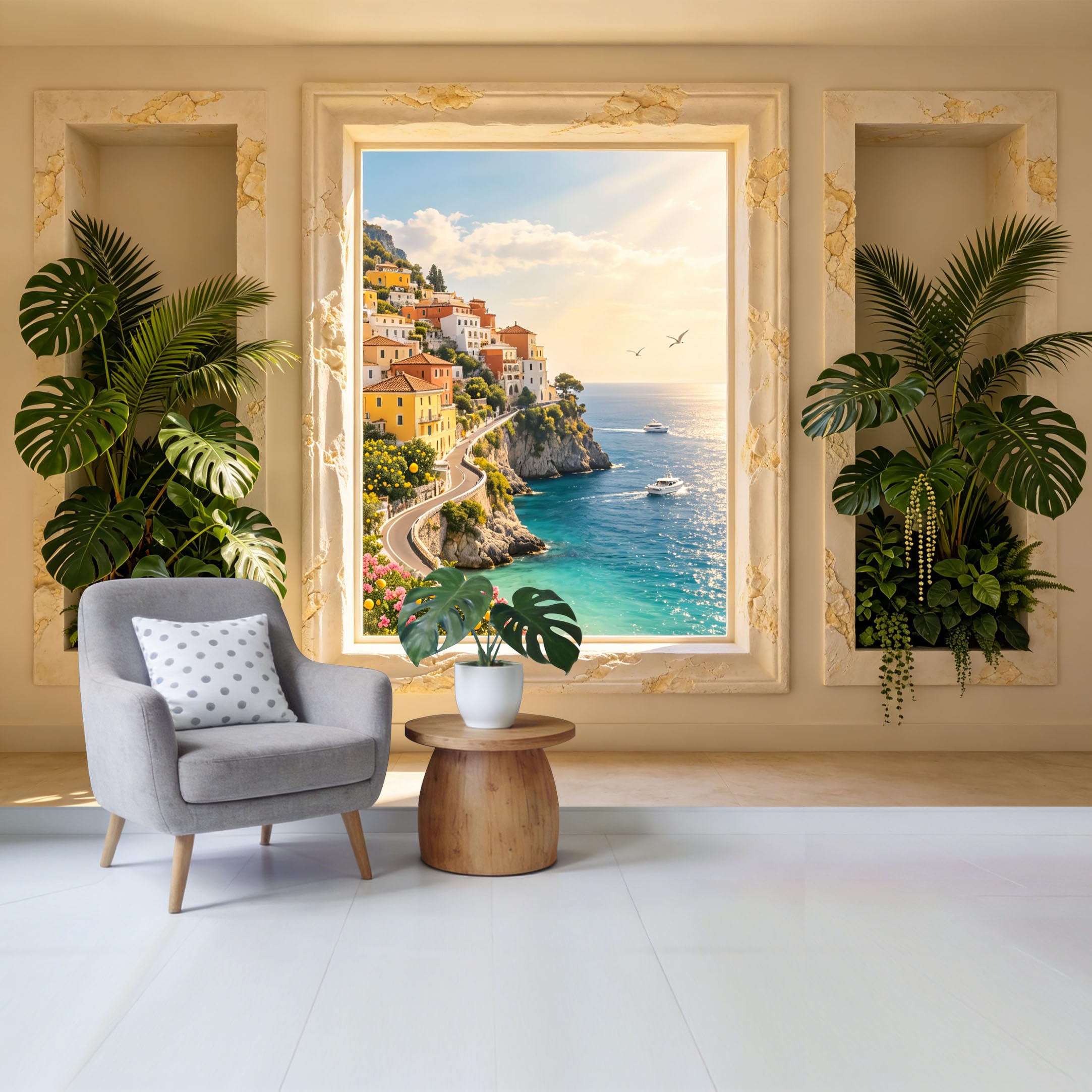 Custom Size Wall Mural Coastal Mediterranean Seaside Cliff Village Ocean View Watercolor Removable Self Adhesive Fabric Home Wall Decor for Living Room Bedroom Bathroom