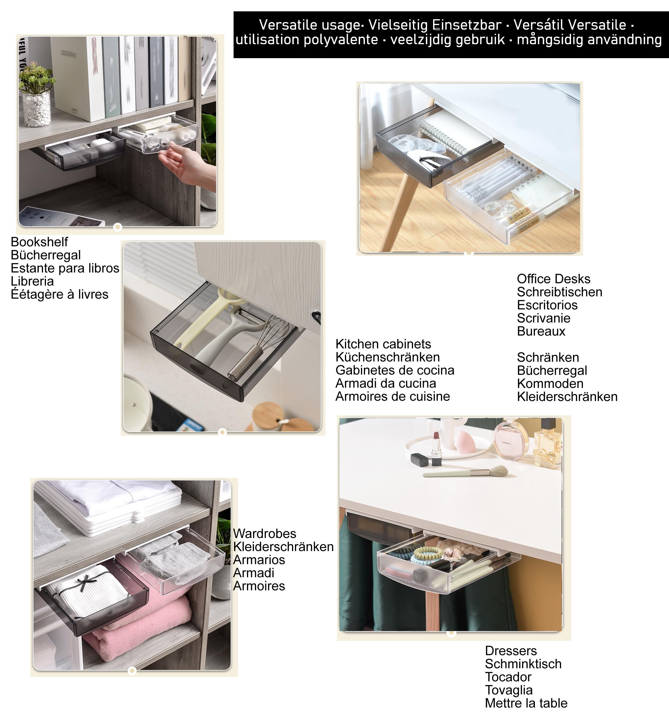 Cassetto Nascosto Autoadesivo Sotto Scrivania - Organizzatore 3,5L Nero